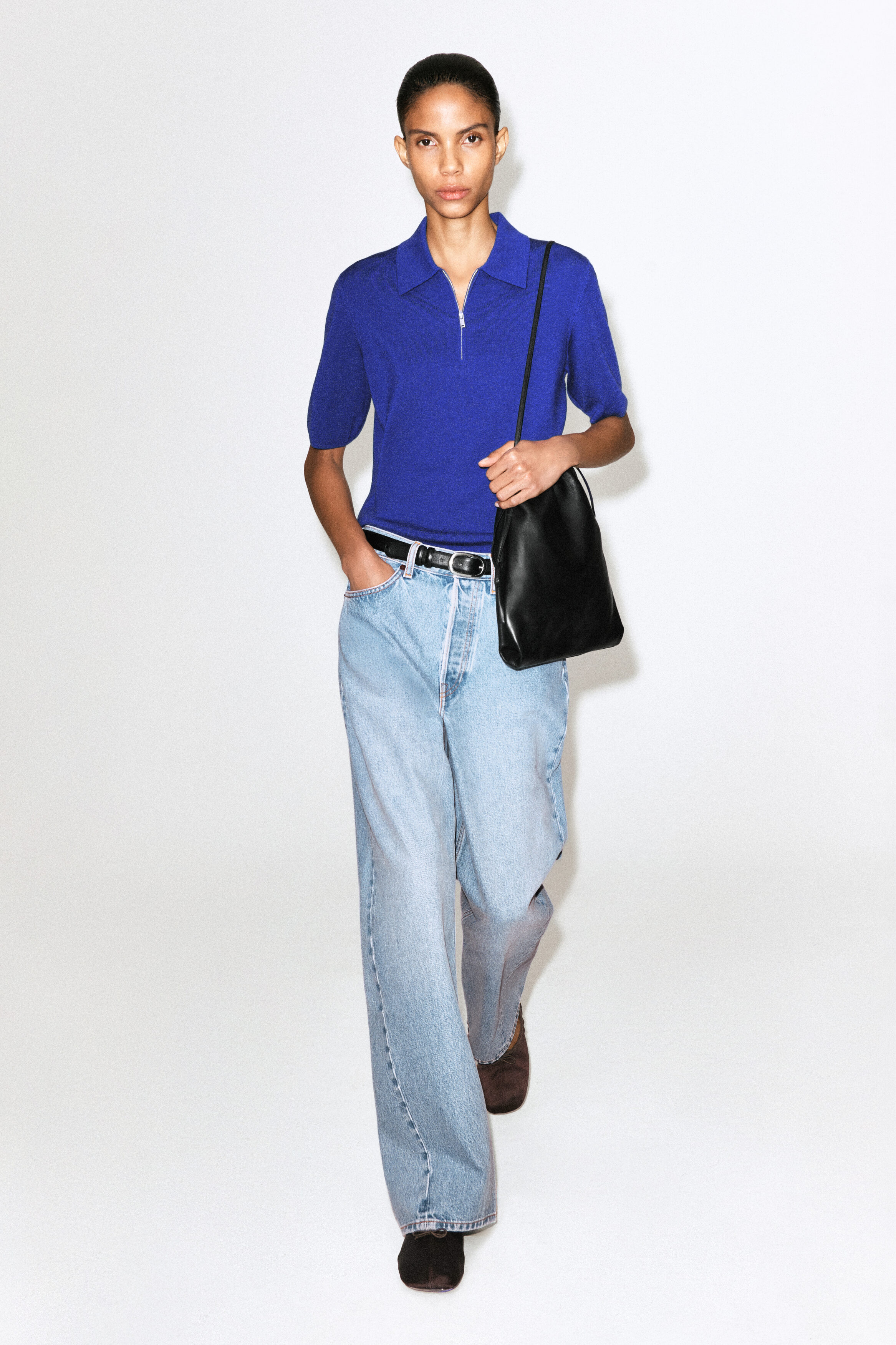MERINO WOOL ZIP-UP POLO SHIRT - COBALT BLUE