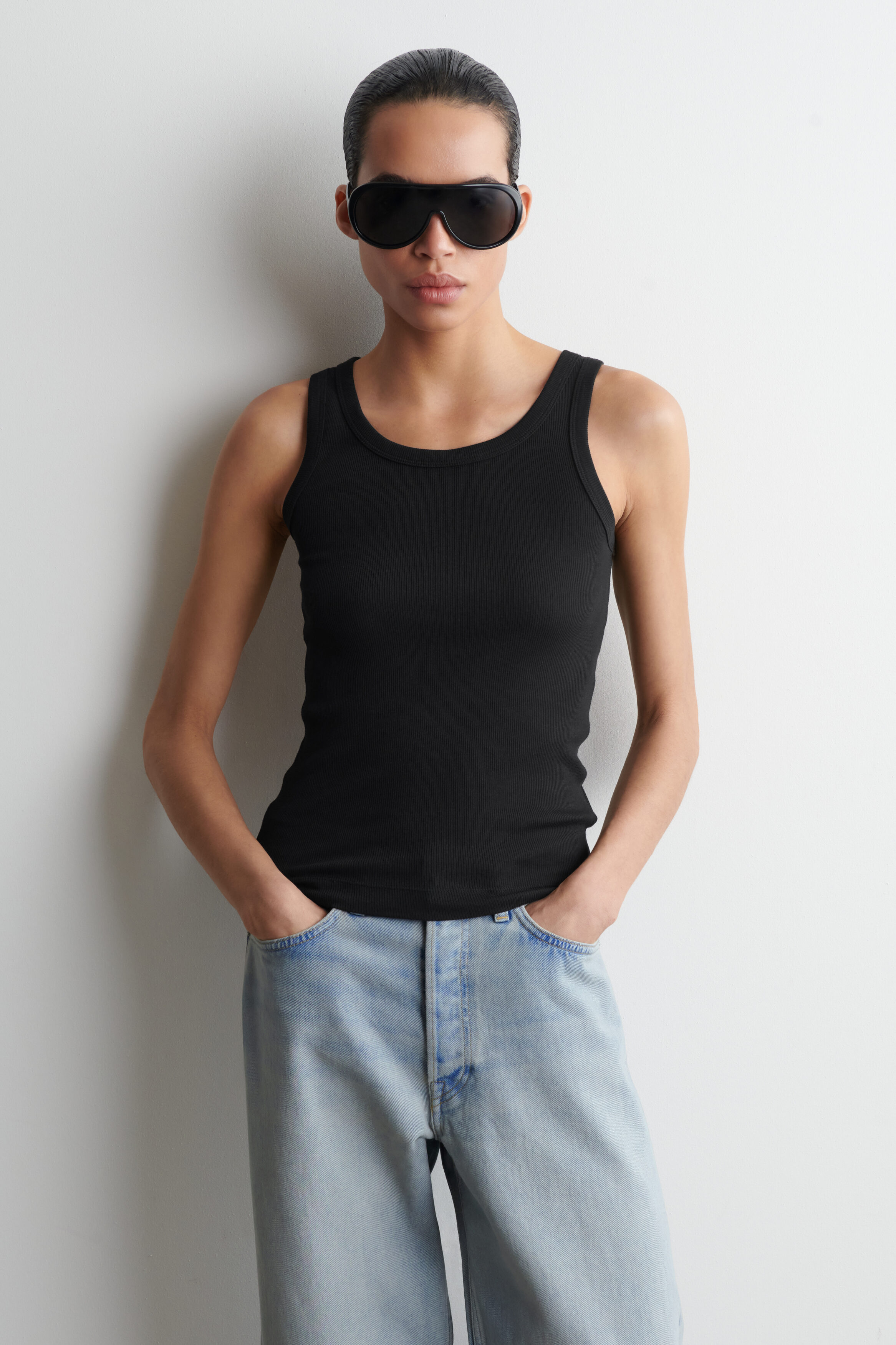 RIBBED COTTON TANK TOP - BLACK