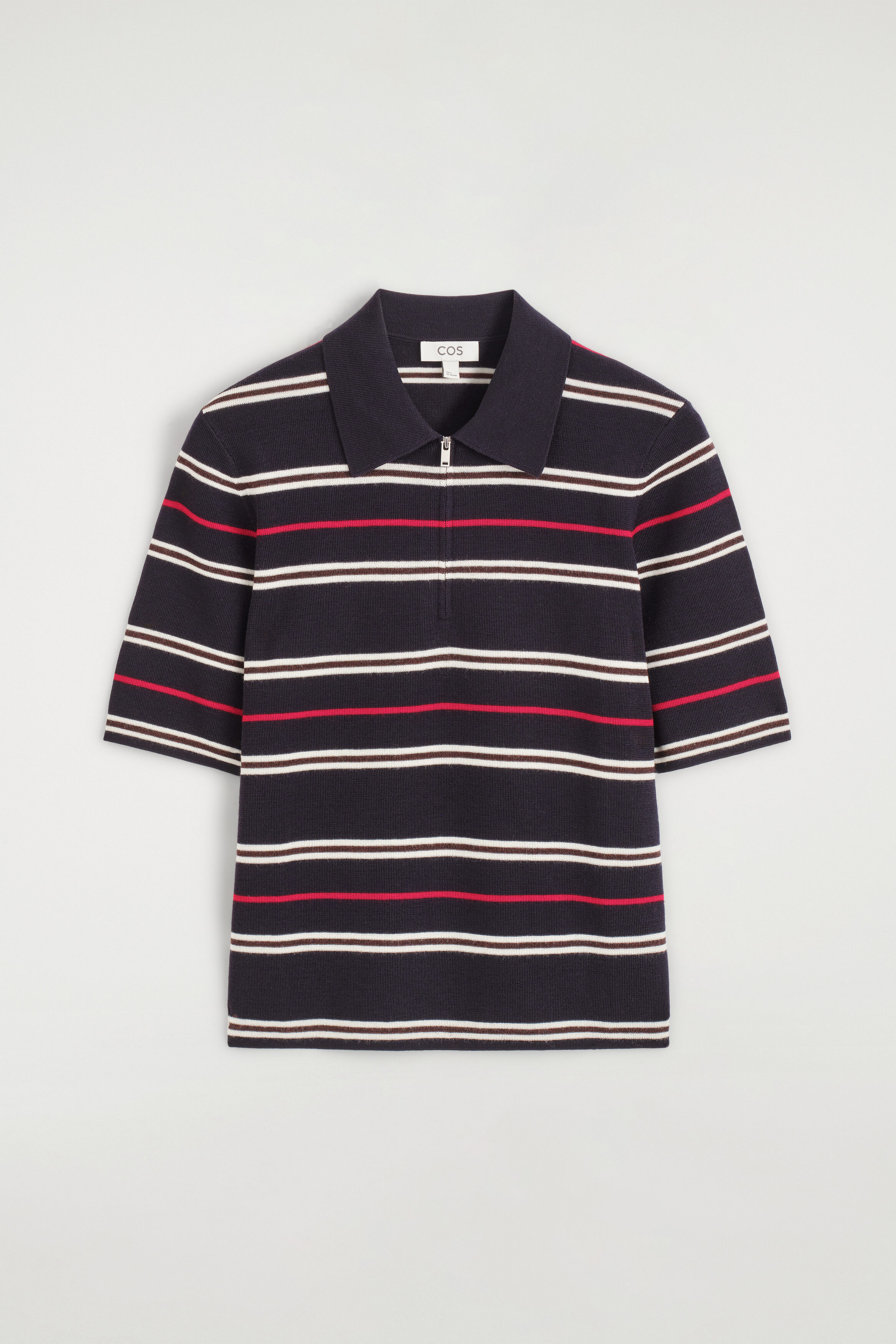 MERINO WOOL ZIP-UP POLO SHIRT - NAVY / RED / STRIPED