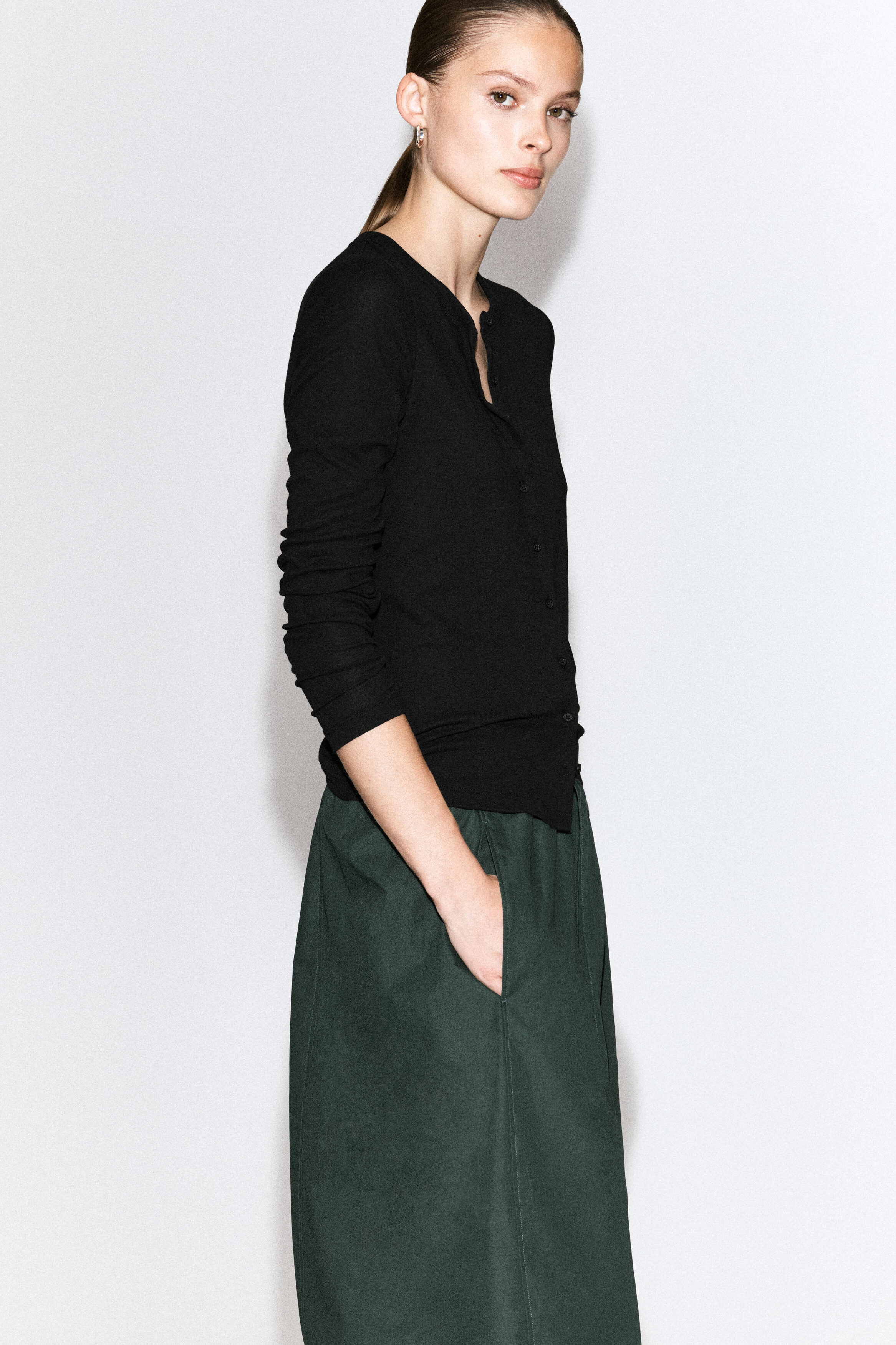 ELASTICATED BARREL-LEG PANTS - DARK GREEN