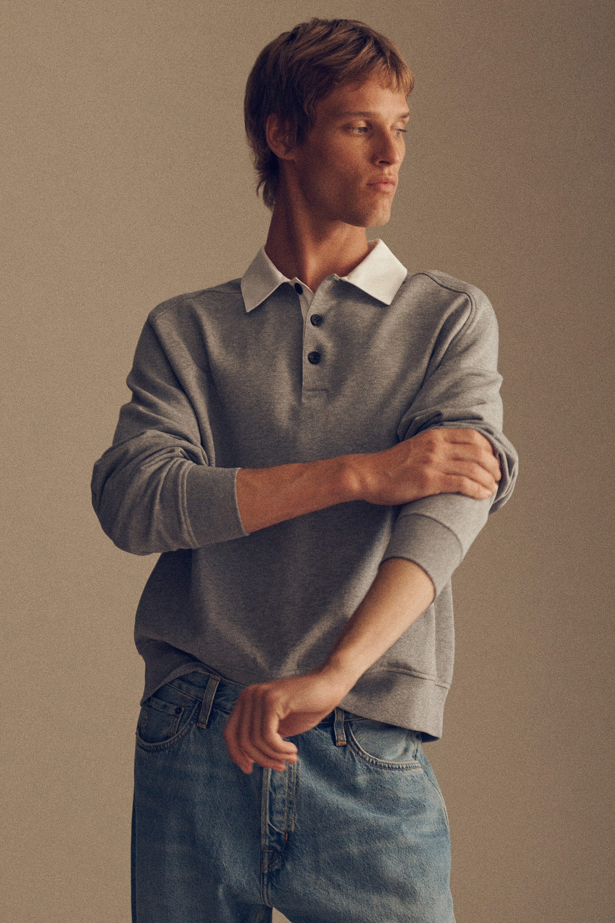 CONTRAST-COLLAR JERSEY POLO SHIRT - GRAY MÉLANGE