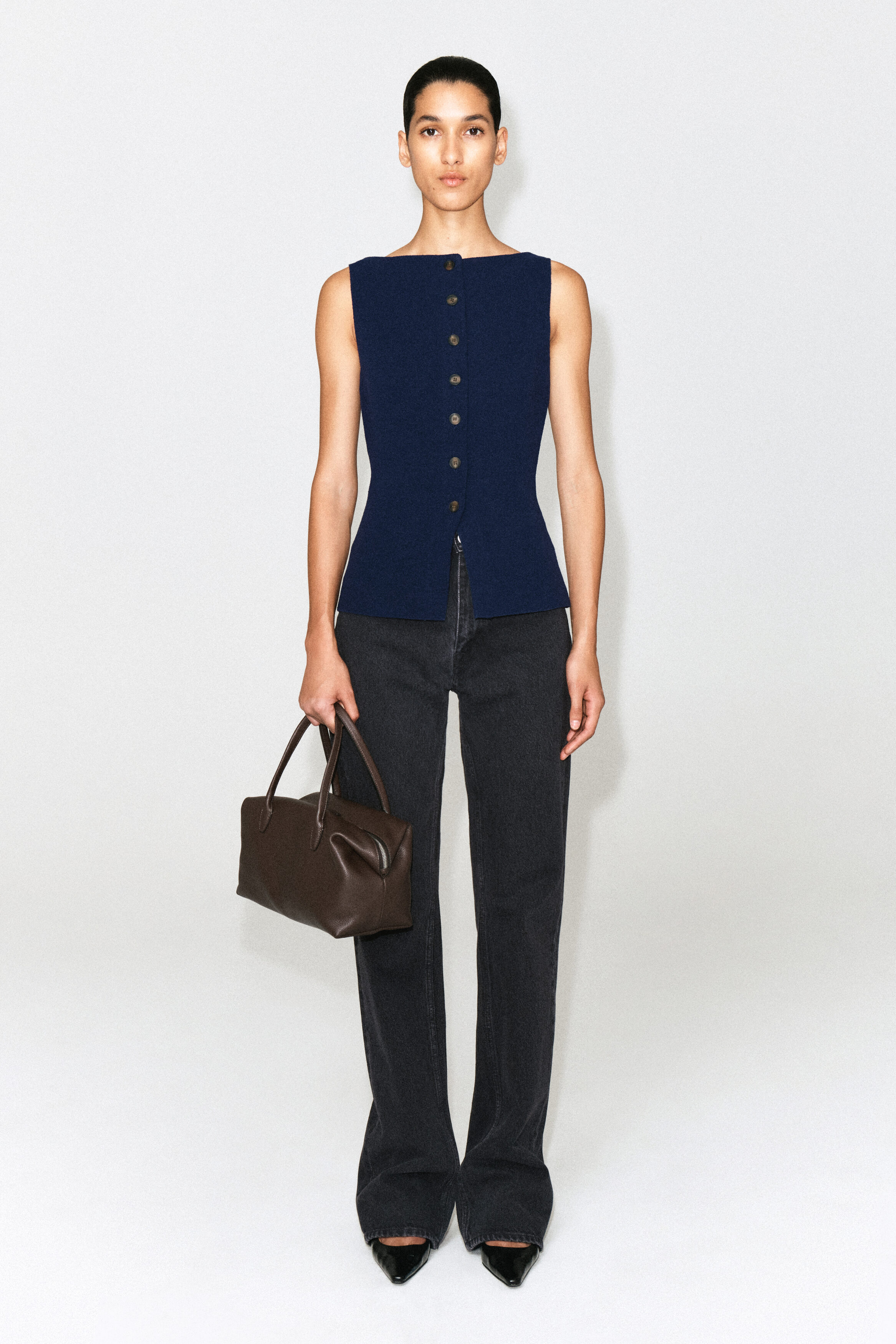 COTTON-BLEND CREPE VEST - NAVY