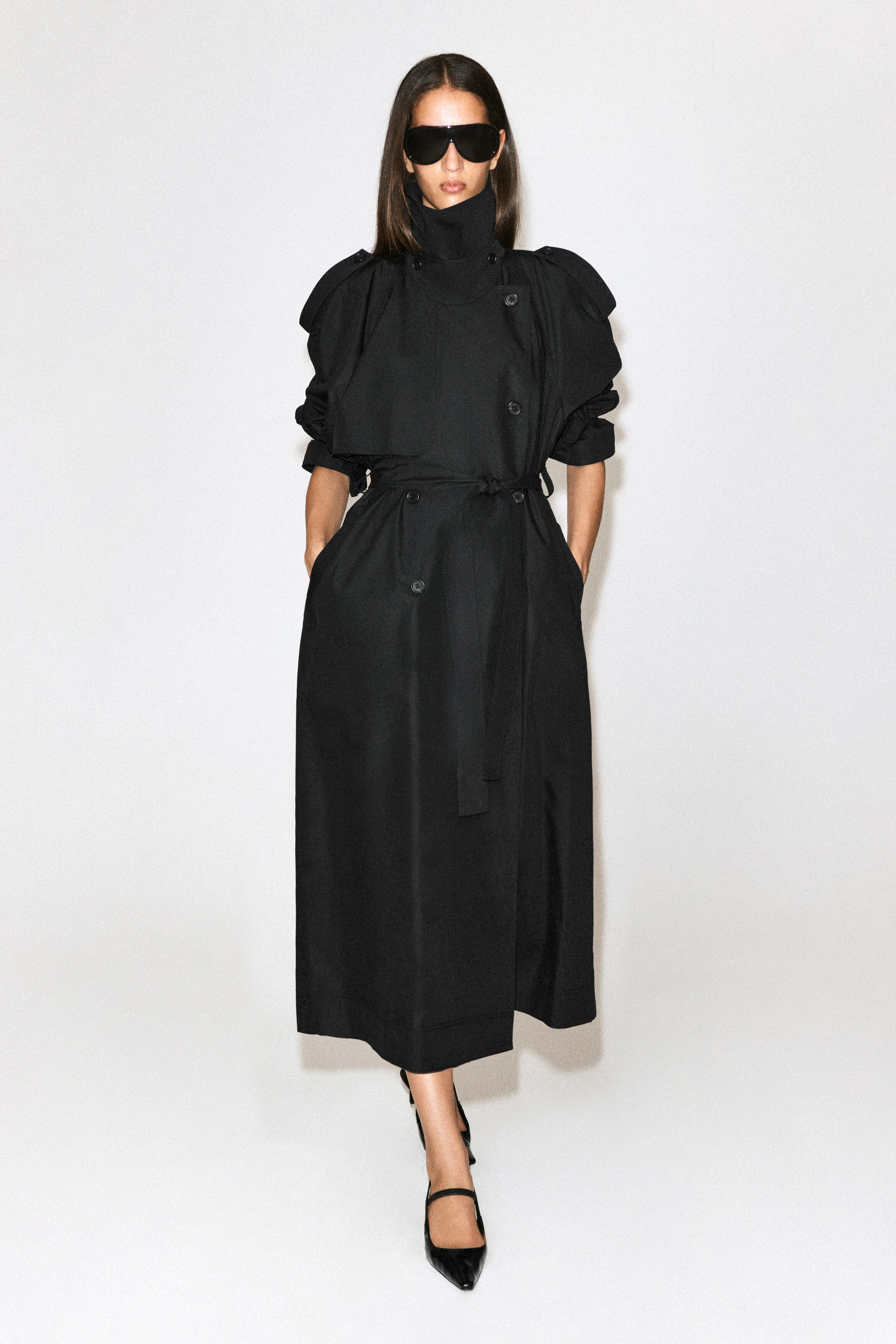 mock-NECK COTTON TRENCH COAT - BLACK