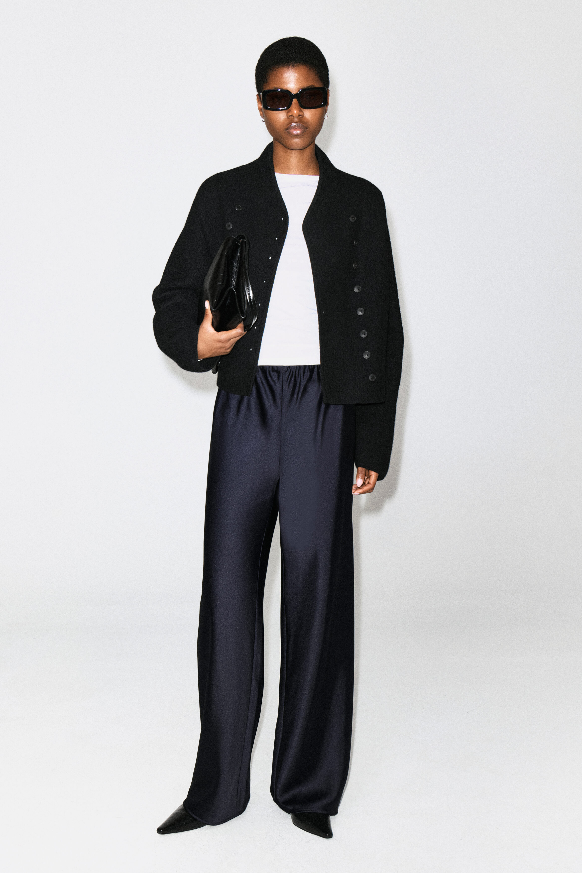SATIN WIDE-LEG PANTS - NAVY