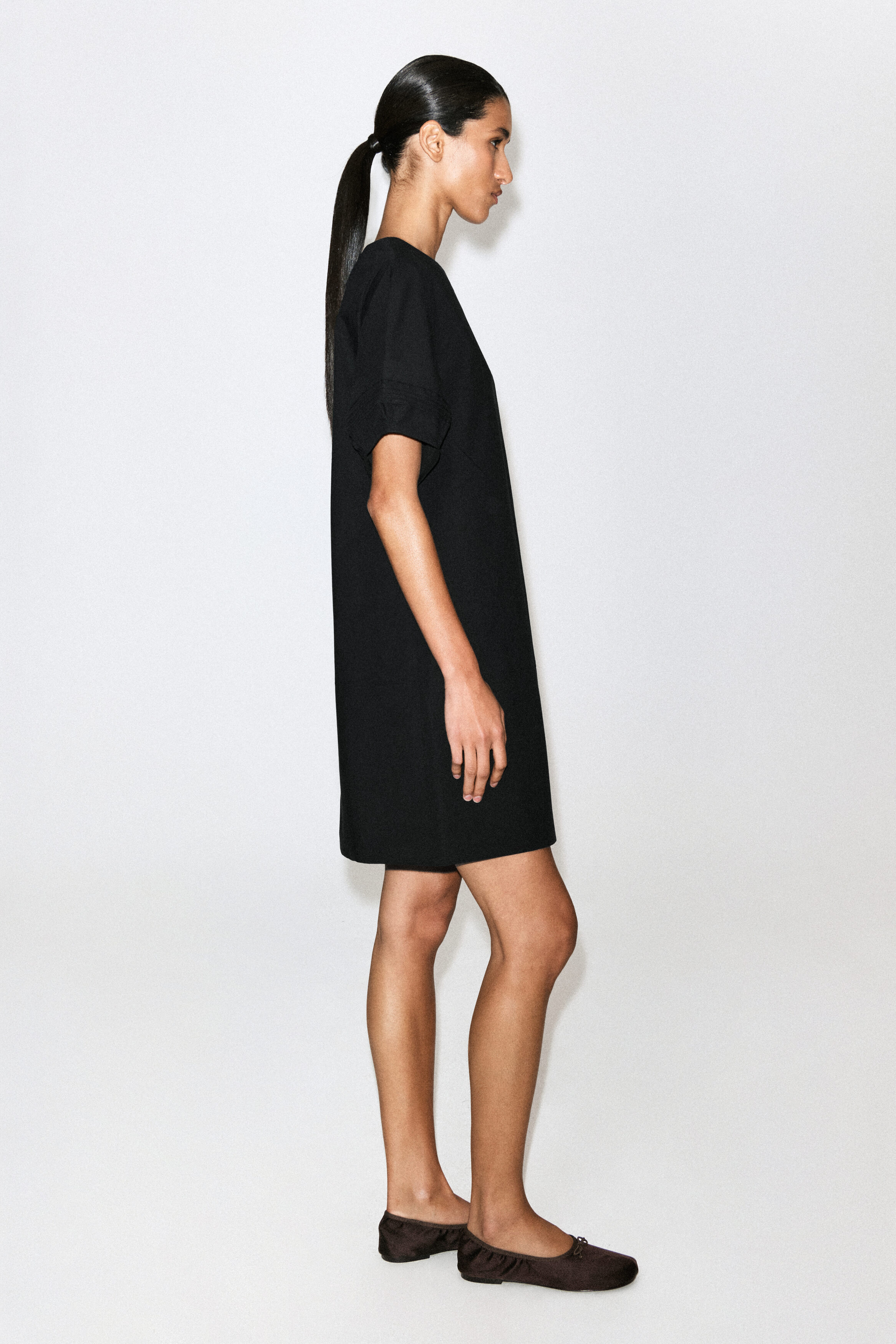 PINTUCKED COTTON MINI DRESS - BLACK