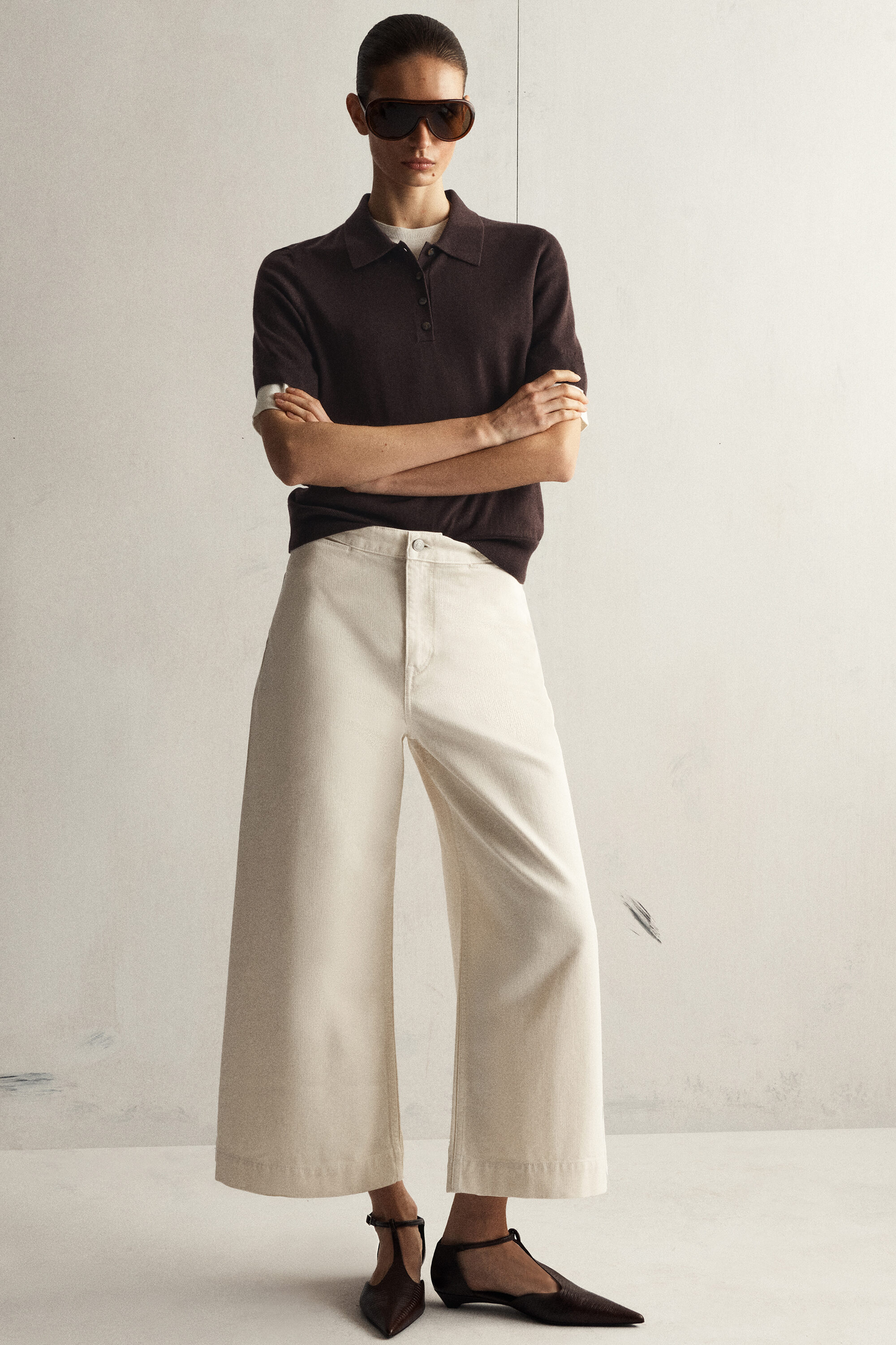 CROPPED WIDE-LEG DENIM PANTS - ECRU