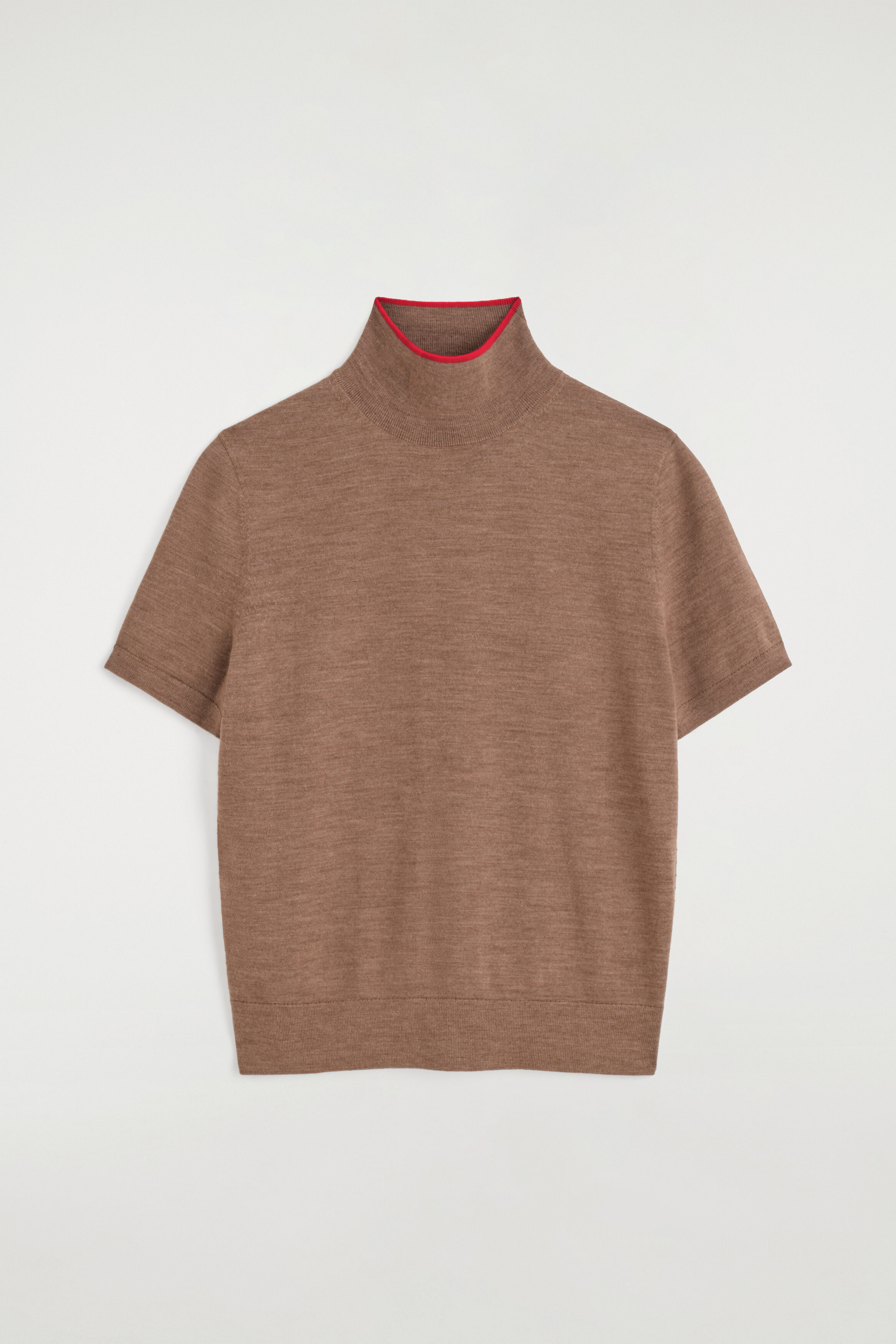 MERINO WOOL TURTLENECK TOP - BEIGE MÉLANGE / RED