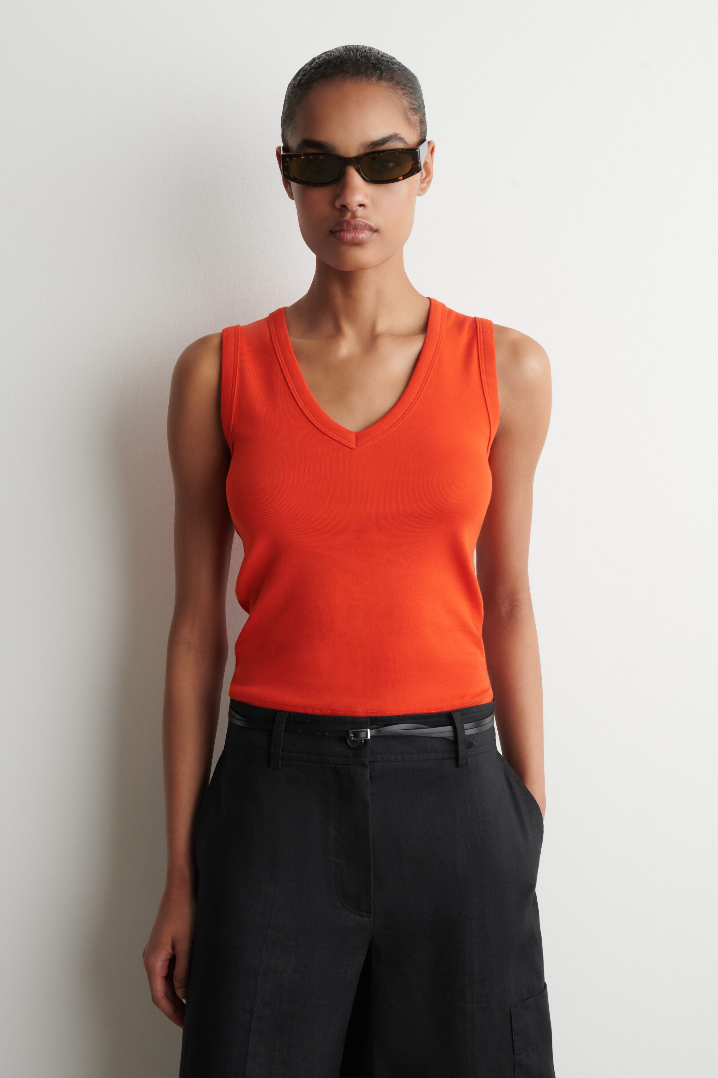COTTON V-NECK TANK TOP - ORANGE