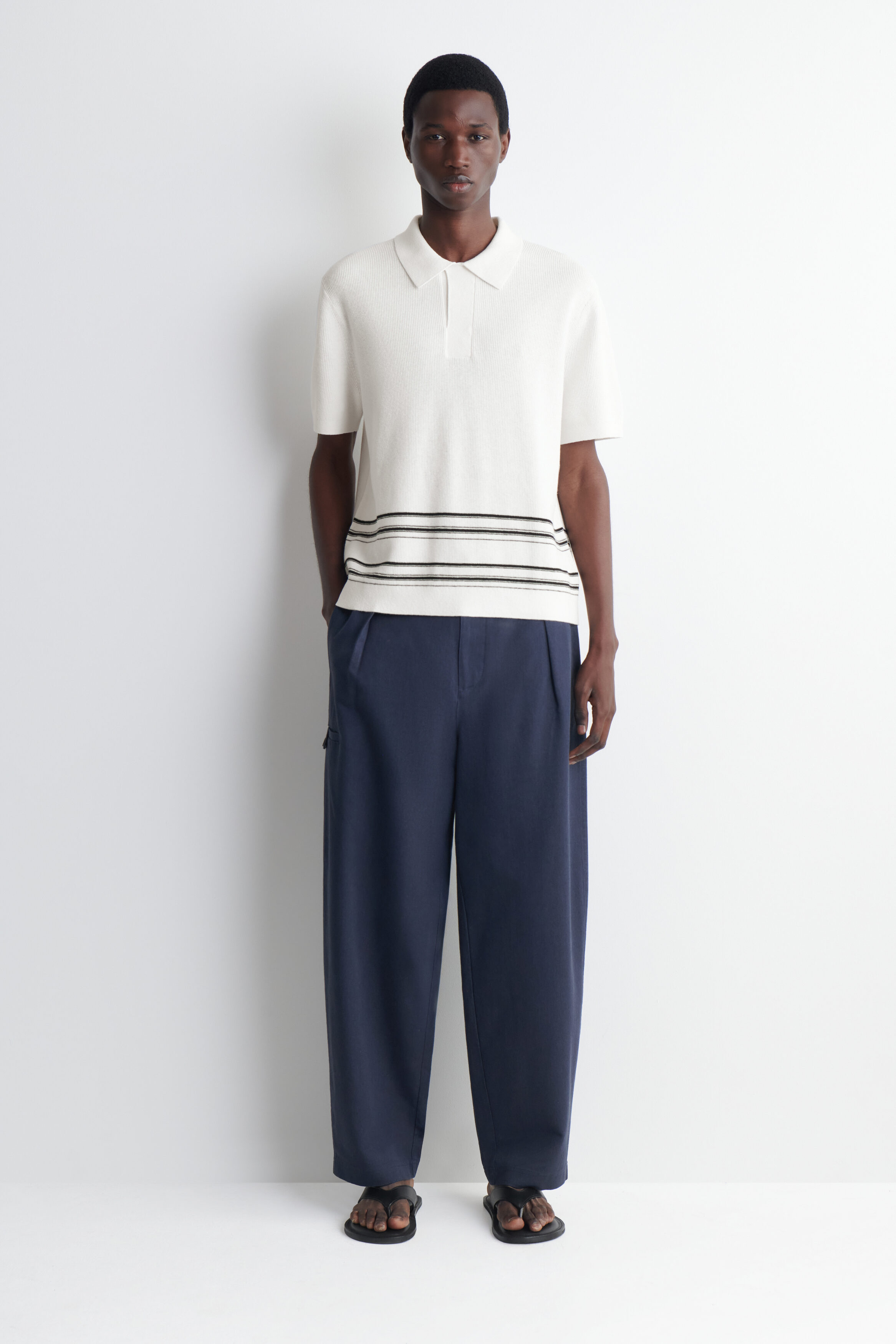 STRIPED KNITTED COTTON-LINEN POLO SHIRT - CREAM / STRIPED