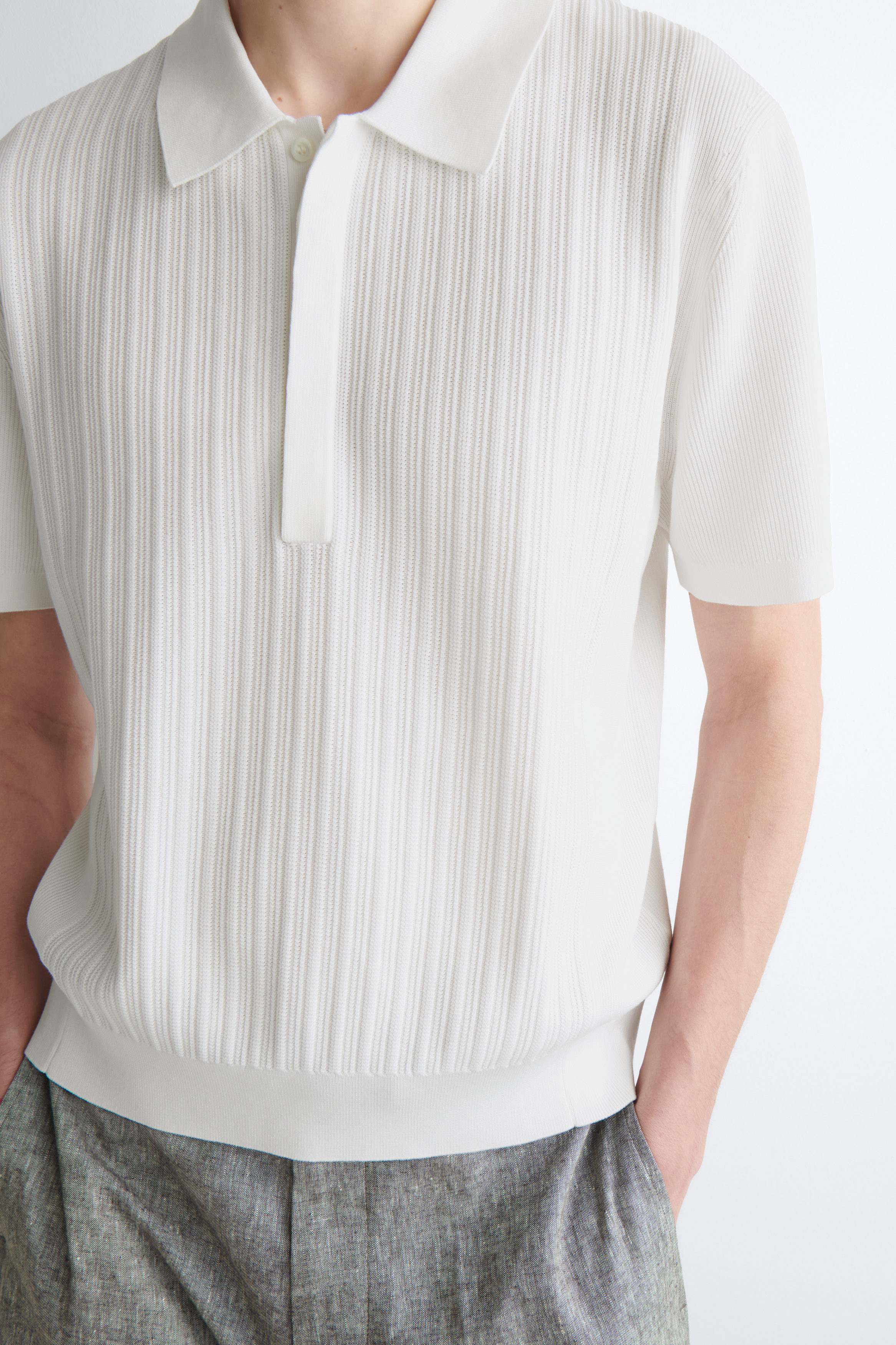 TEXTURED-PANEL COTTON POLO SHIRT - WHITE