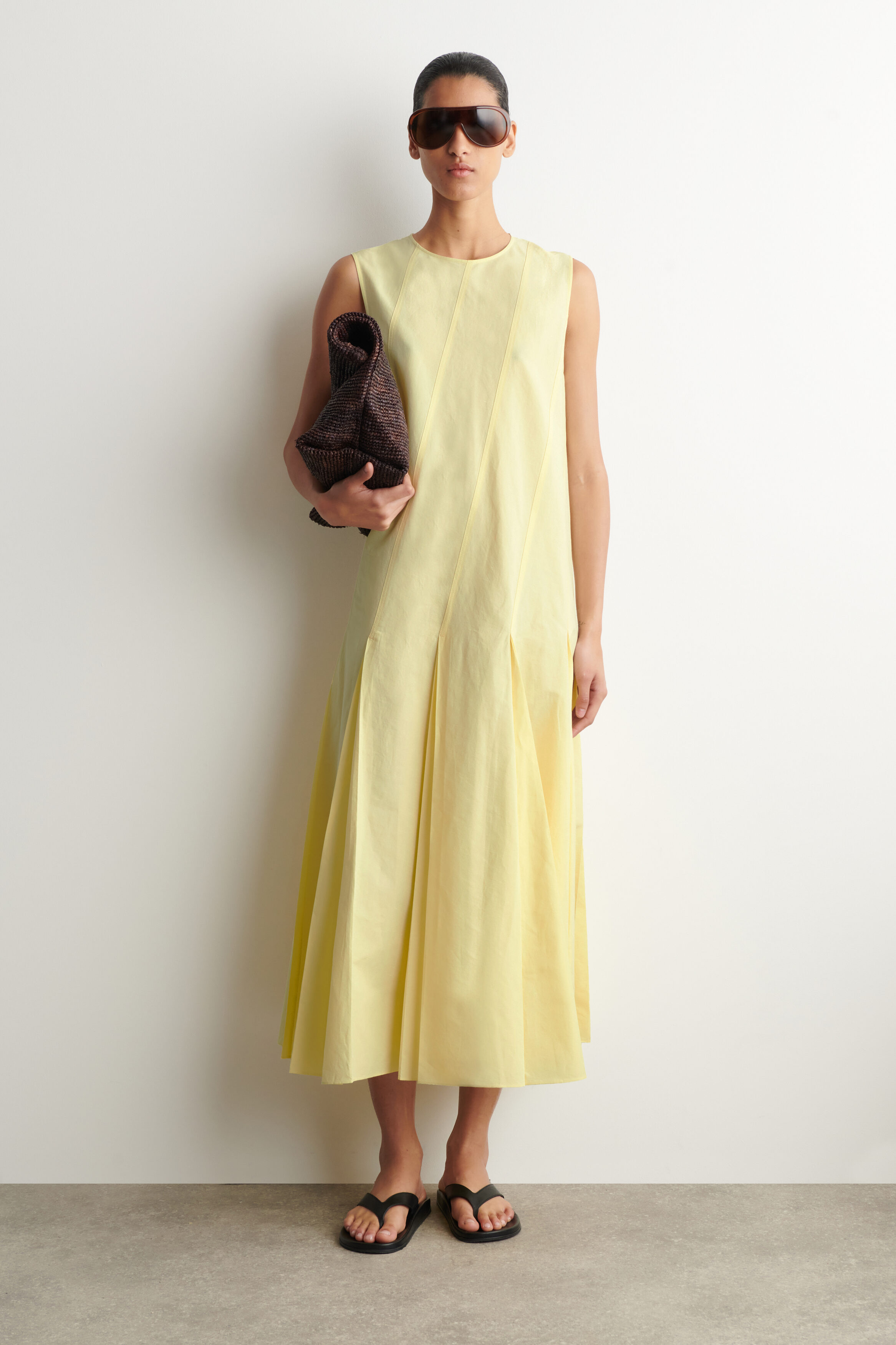 PLEATED COTTON-LINEN MAXI DRESS - YELLOW