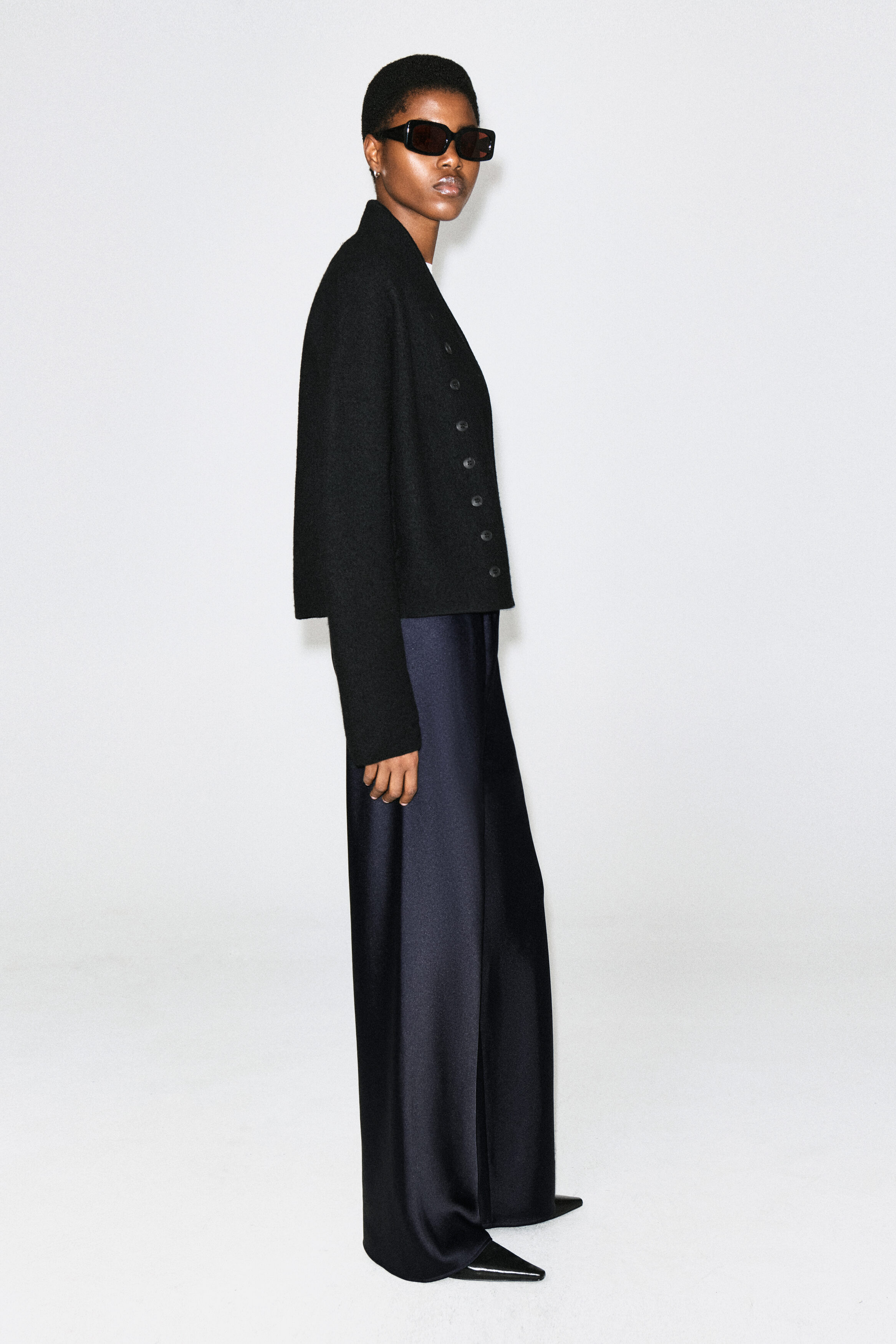 SATIN WIDE-LEG PANTS - NAVY
