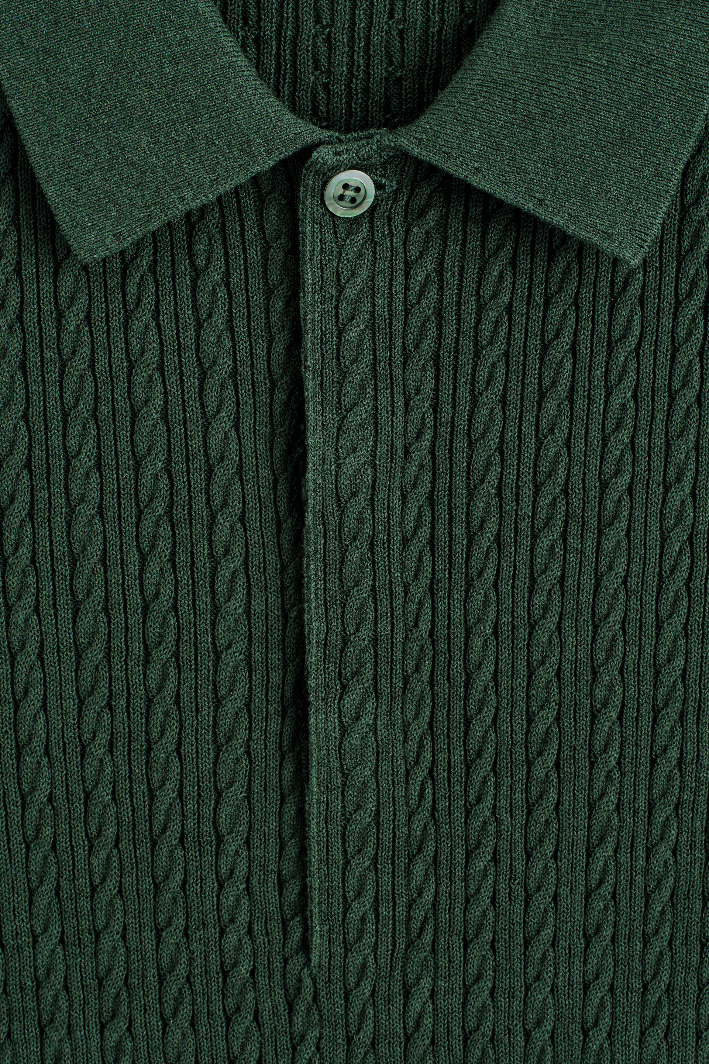 CABLE-KNIT COTTON-LINEN POLO SHIRT - DARK GREEN