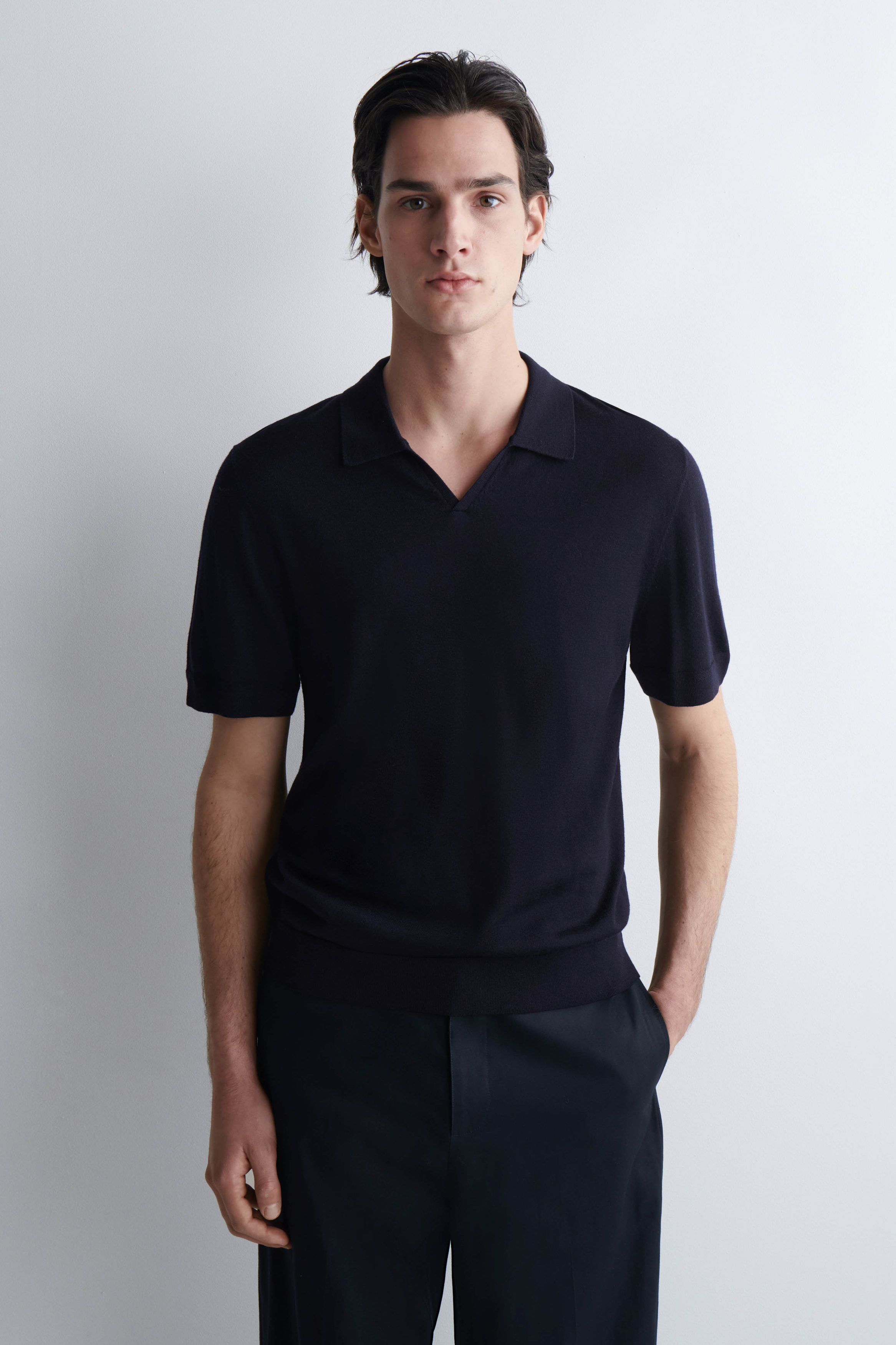 OPEN-COLLAR MERINO WOOL POLO SHIRT - NAVY