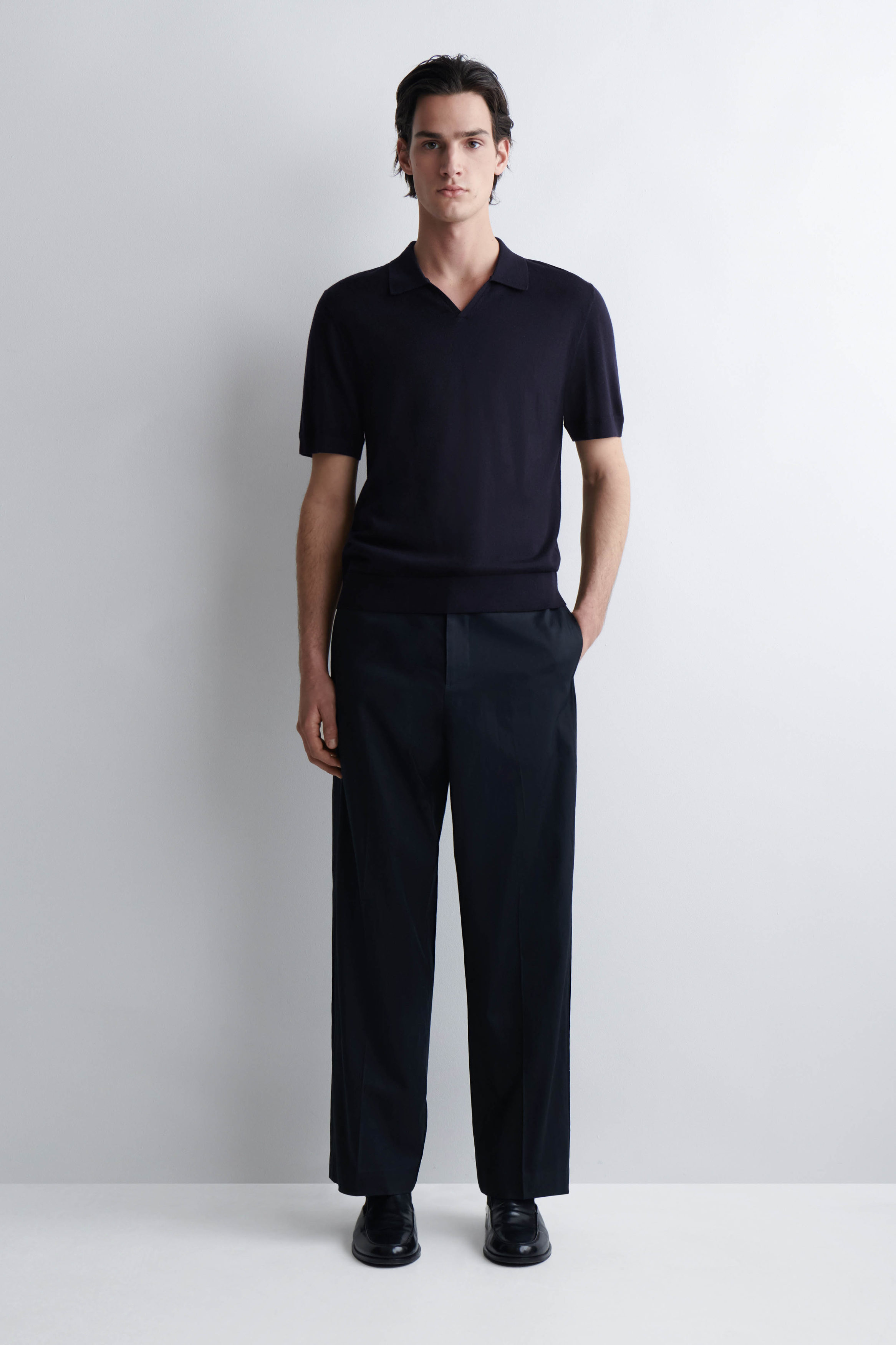 OPEN-COLLAR MERINO WOOL POLO SHIRT - NAVY
