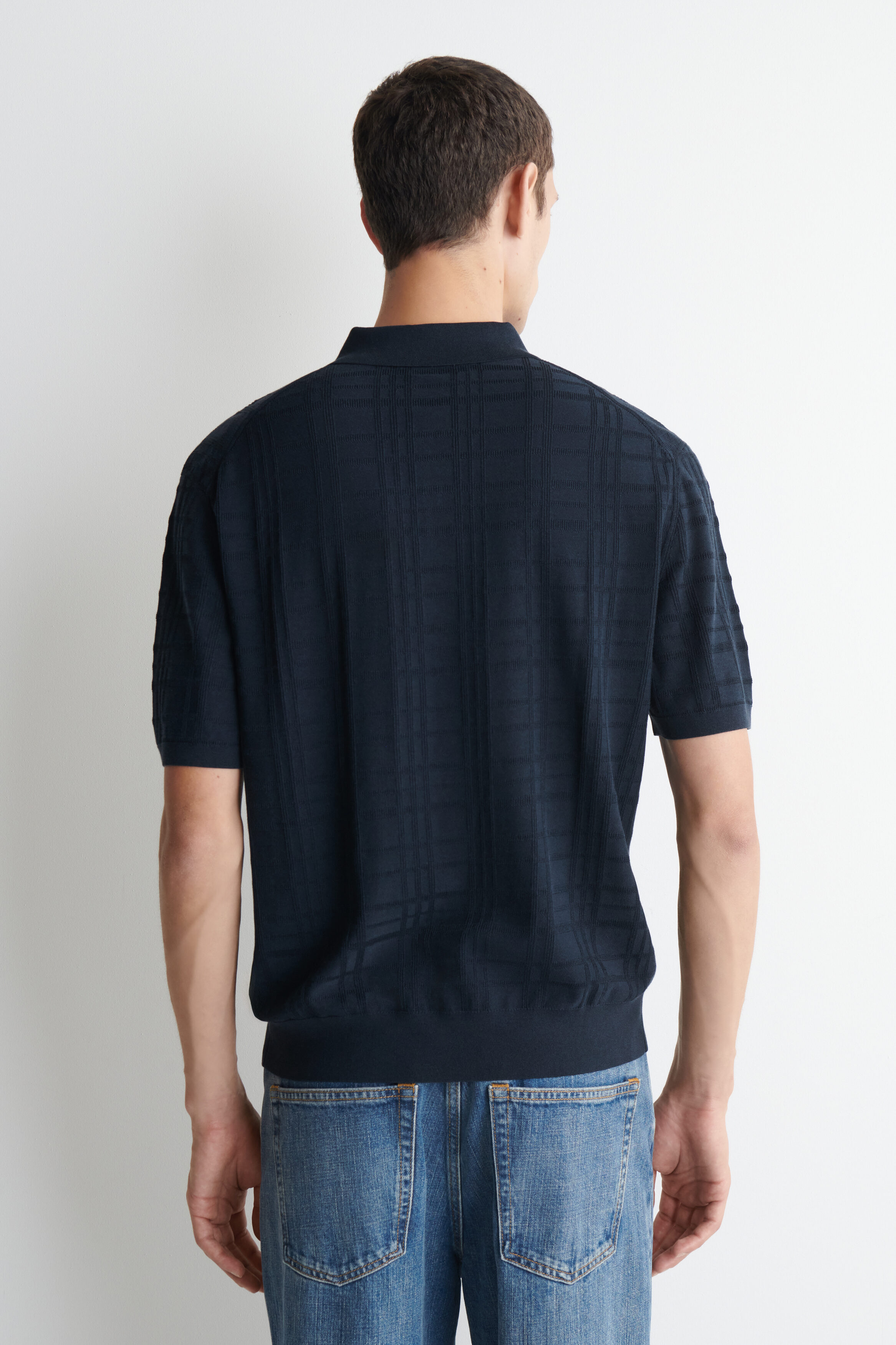 CHECKED JACQUARD-KNIT POLO SHIRT - NAVY / CHECKED