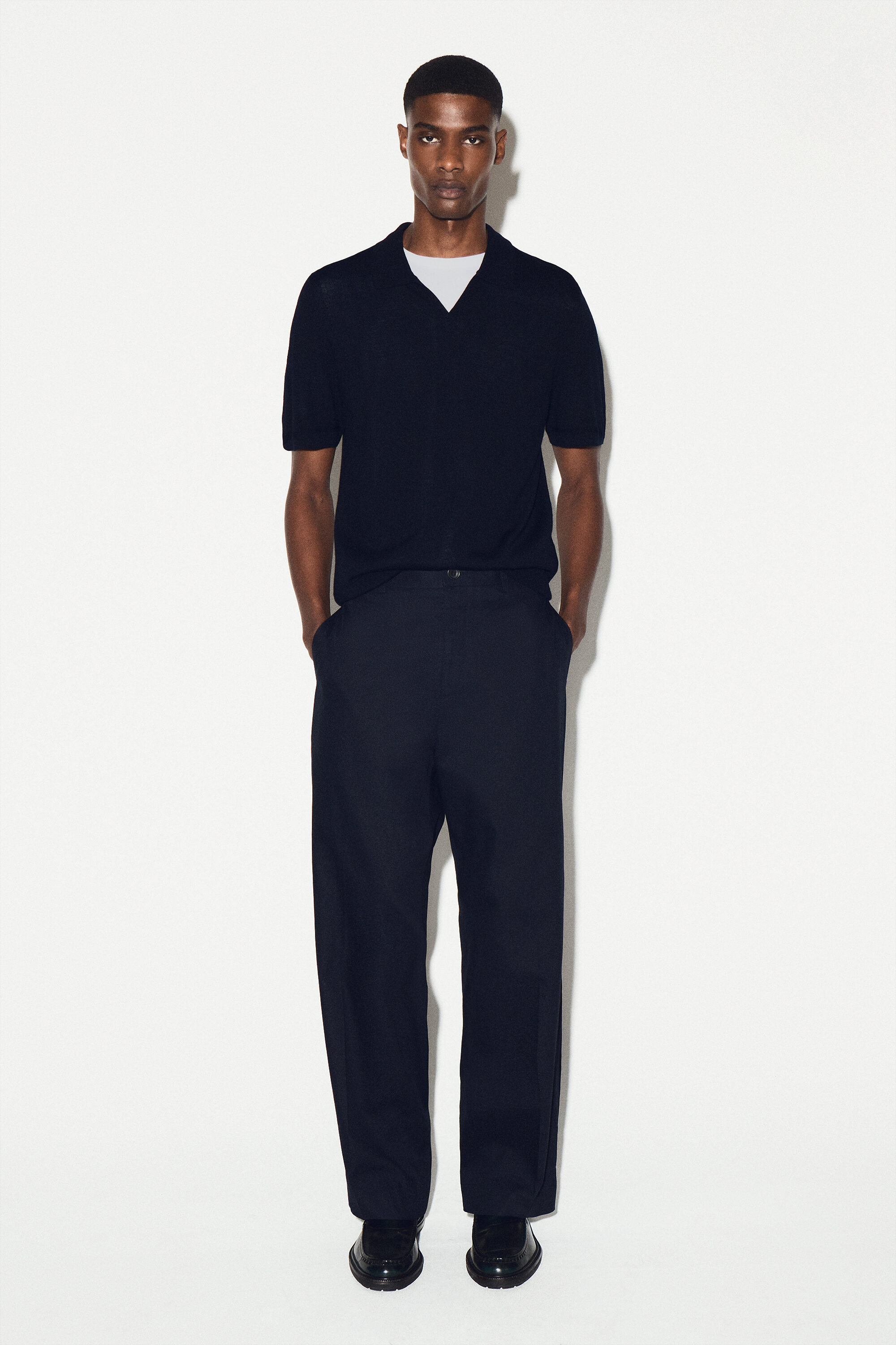 OPEN-COLLAR MERINO WOOL POLO SHIRT - NAVY