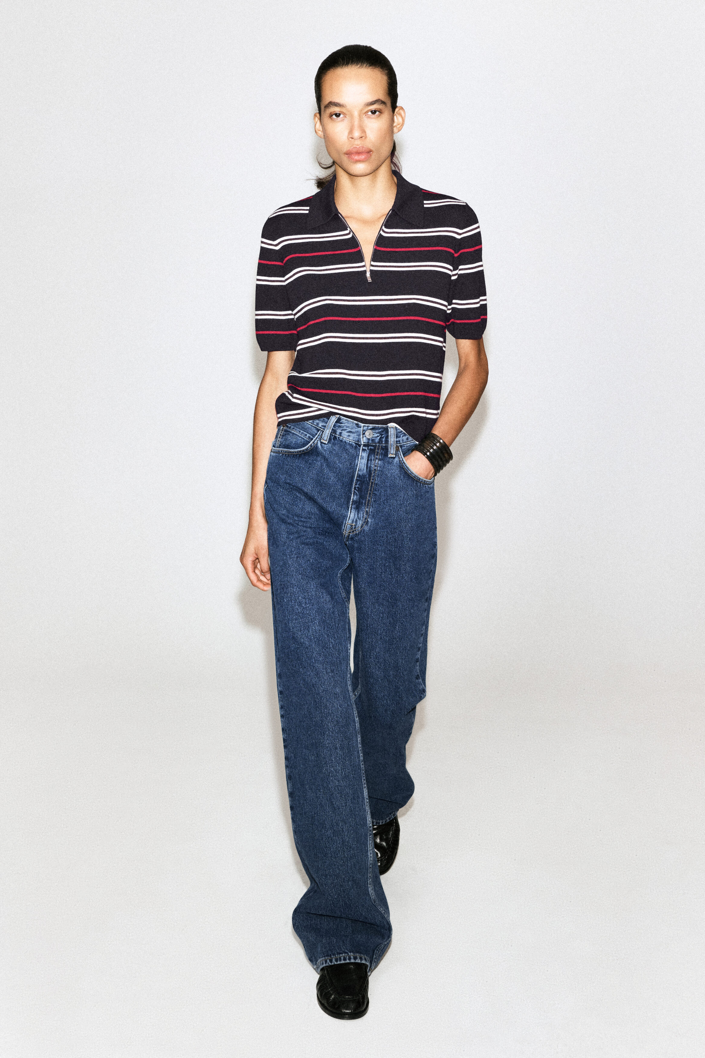 MERINO WOOL ZIP-UP POLO SHIRT - NAVY / RED / STRIPED