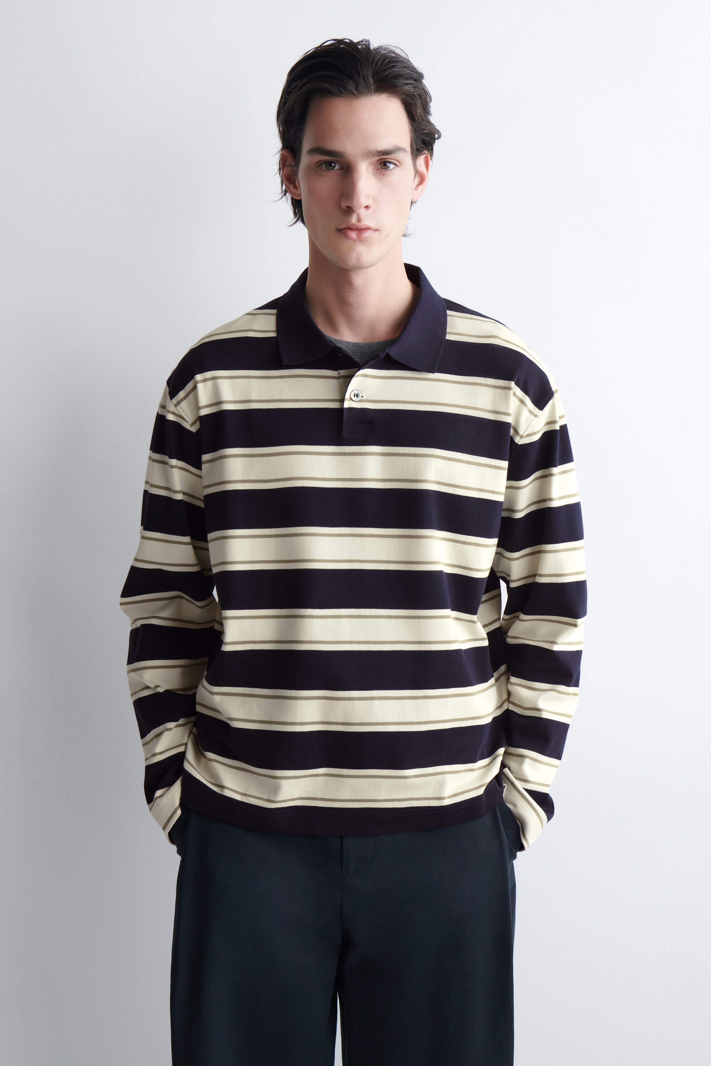 INTERLOCK COTTON POLO SHIRT - ECRU / NAVY / STRIPED