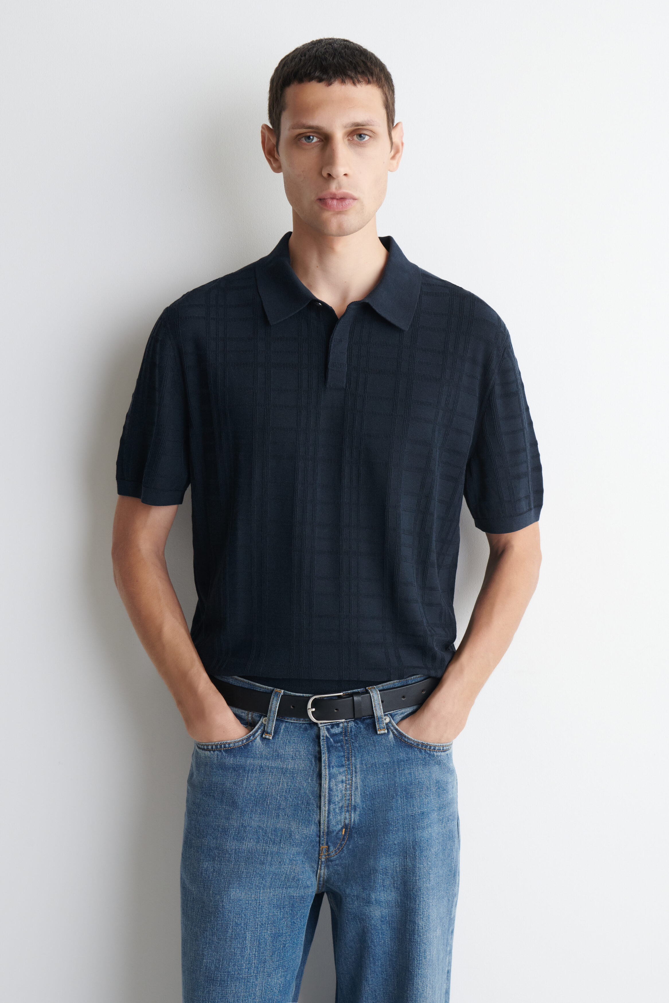 CHECKED JACQUARD-KNIT POLO SHIRT - NAVY / CHECKED