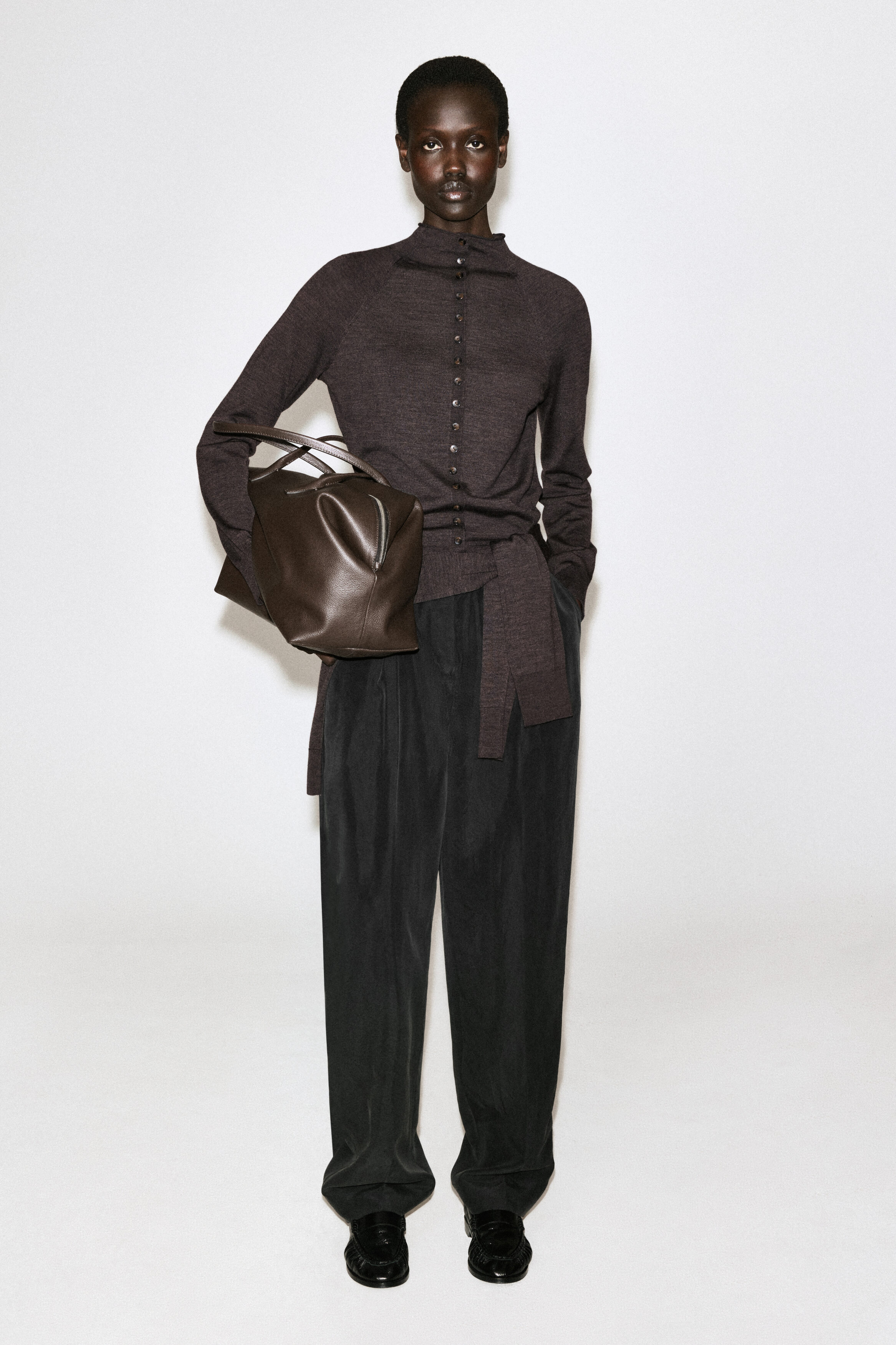 MERINO WOOL MOCK-NECK CARDIGAN - BROWN MÉLANGE