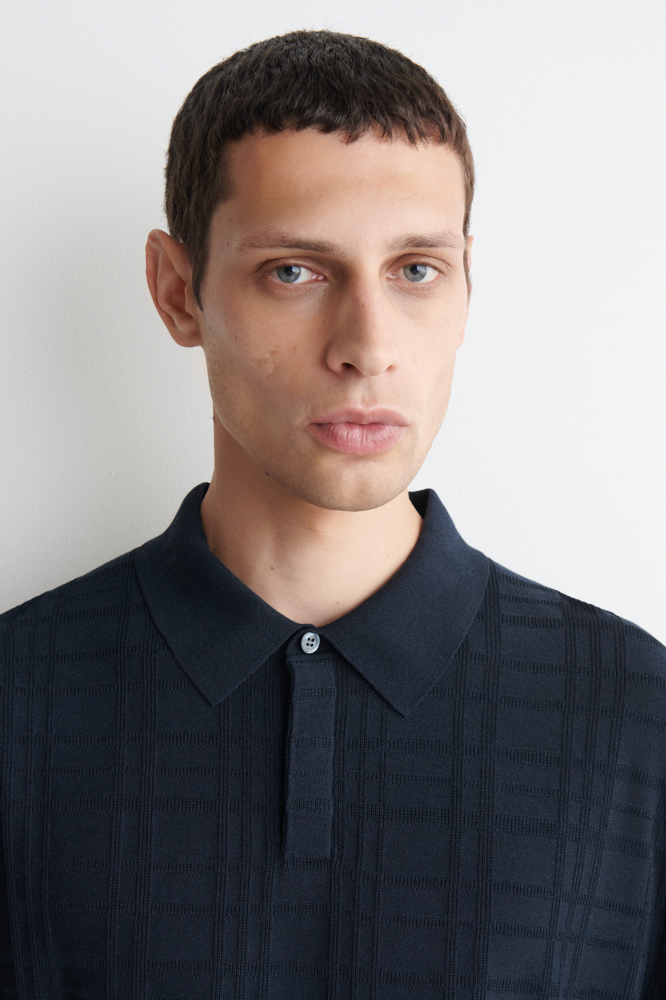 CHECKED JACQUARD-KNIT POLO SHIRT - NAVY / CHECKED