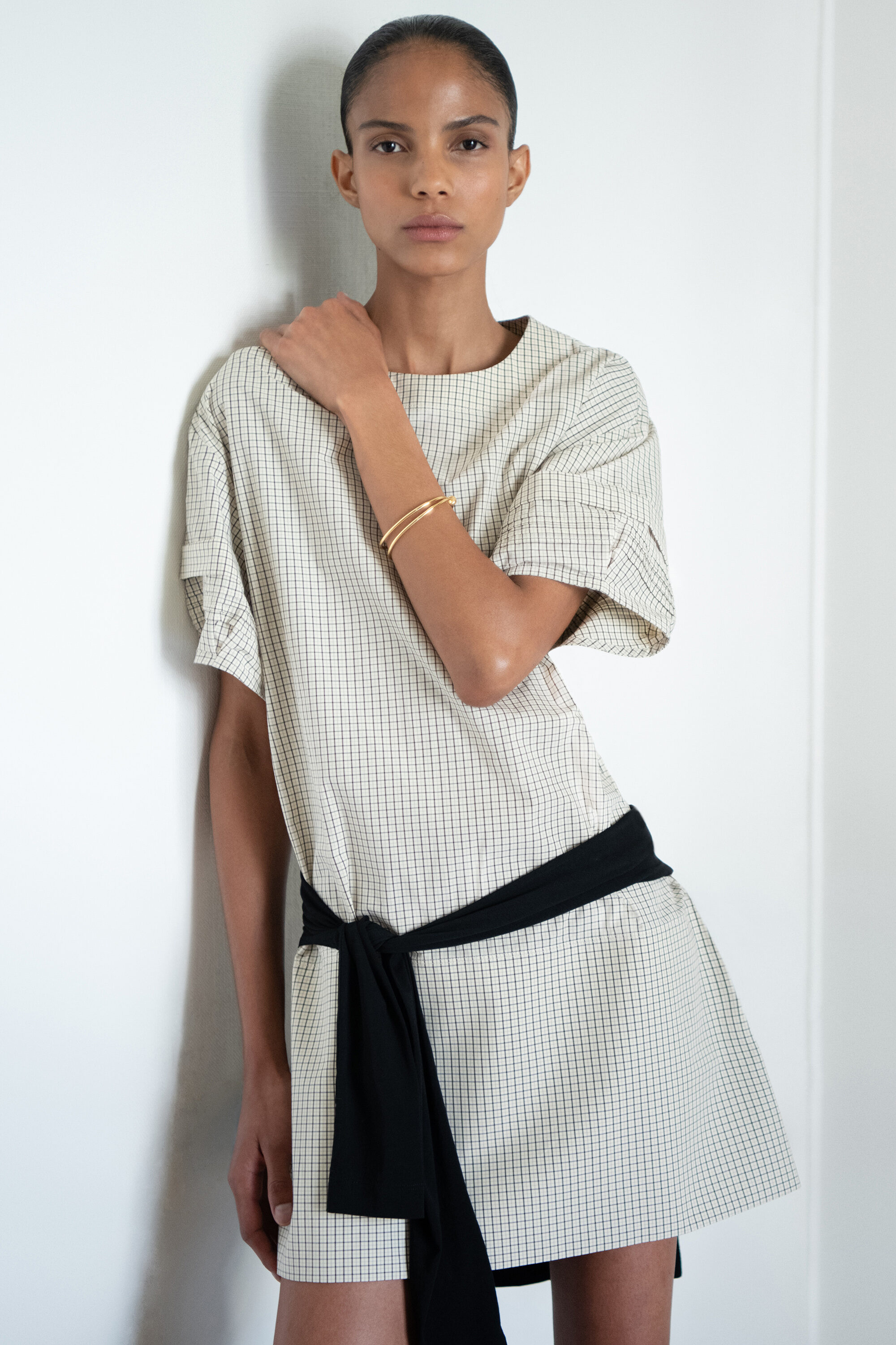 PINTUCKED COTTON MINI DRESS - BEIGE / CHECKED
