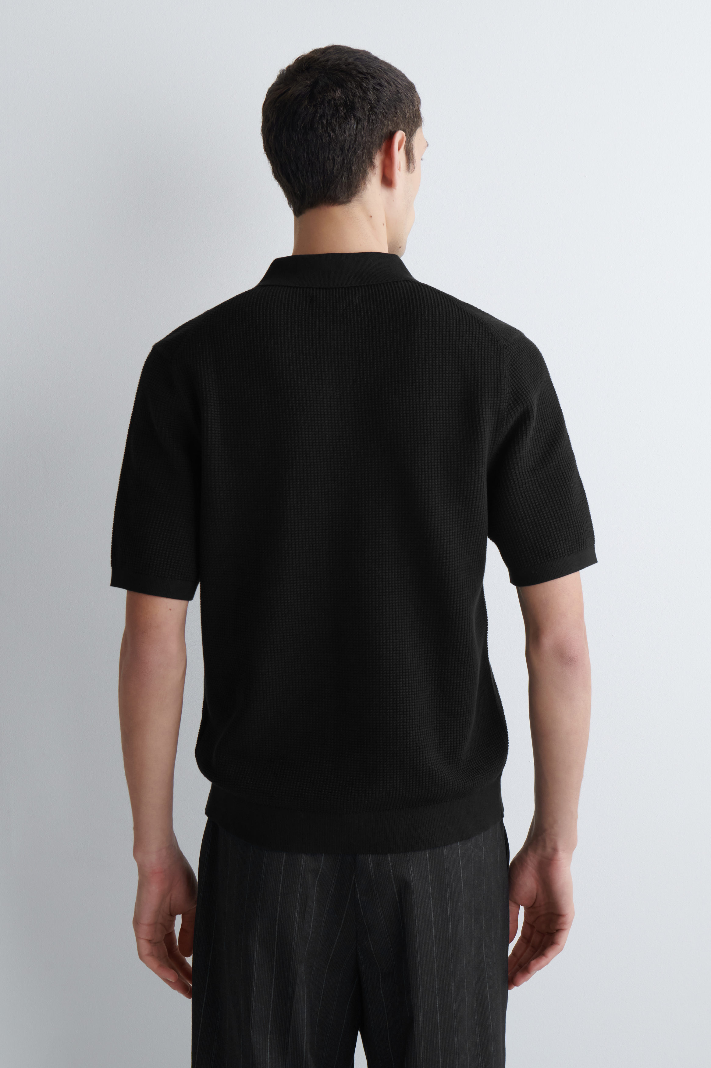 WAFFLE-KNIT COTTON POLO SHIRT - BLACK