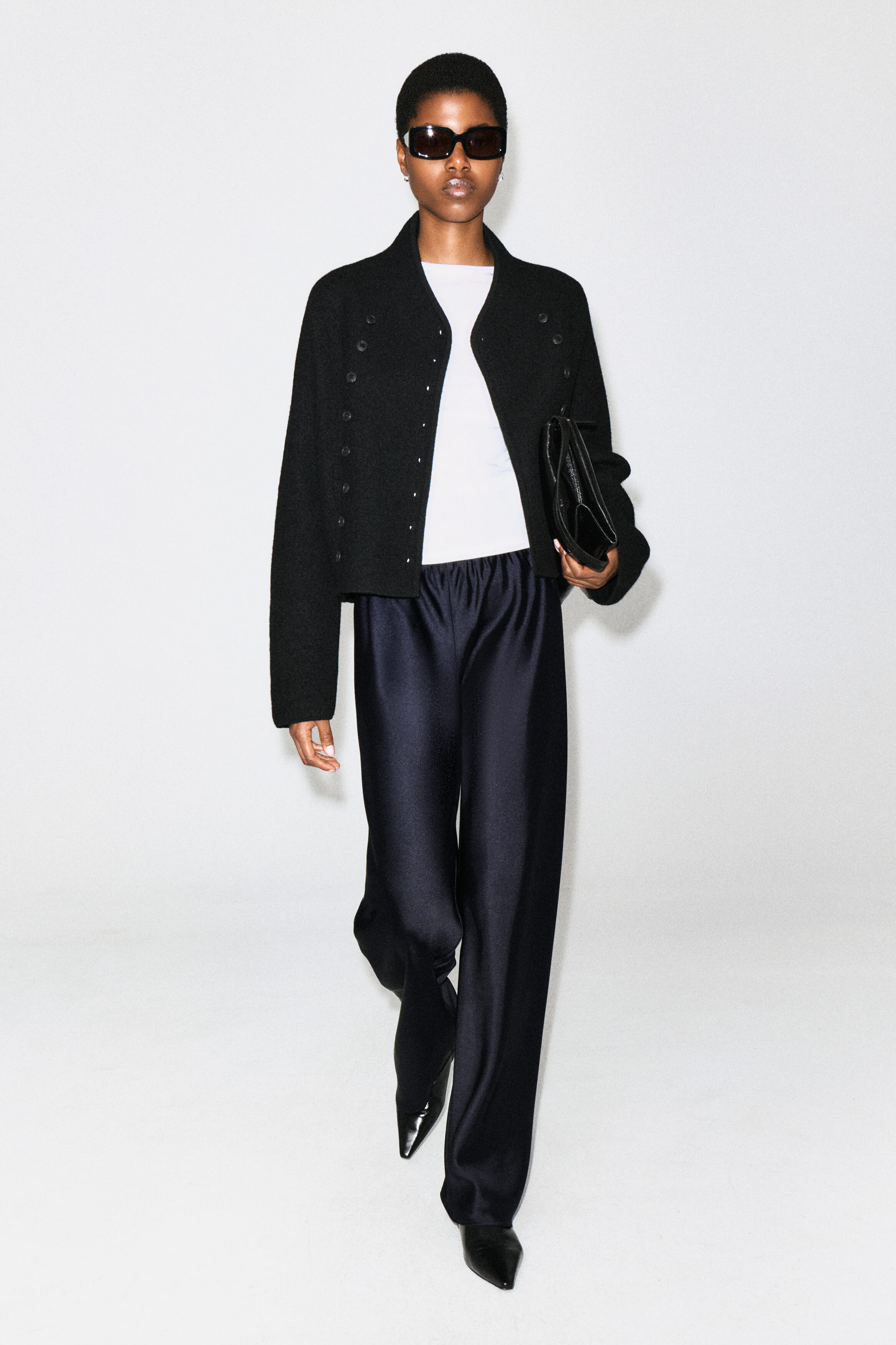 SATIN WIDE-LEG PANTS - NAVY