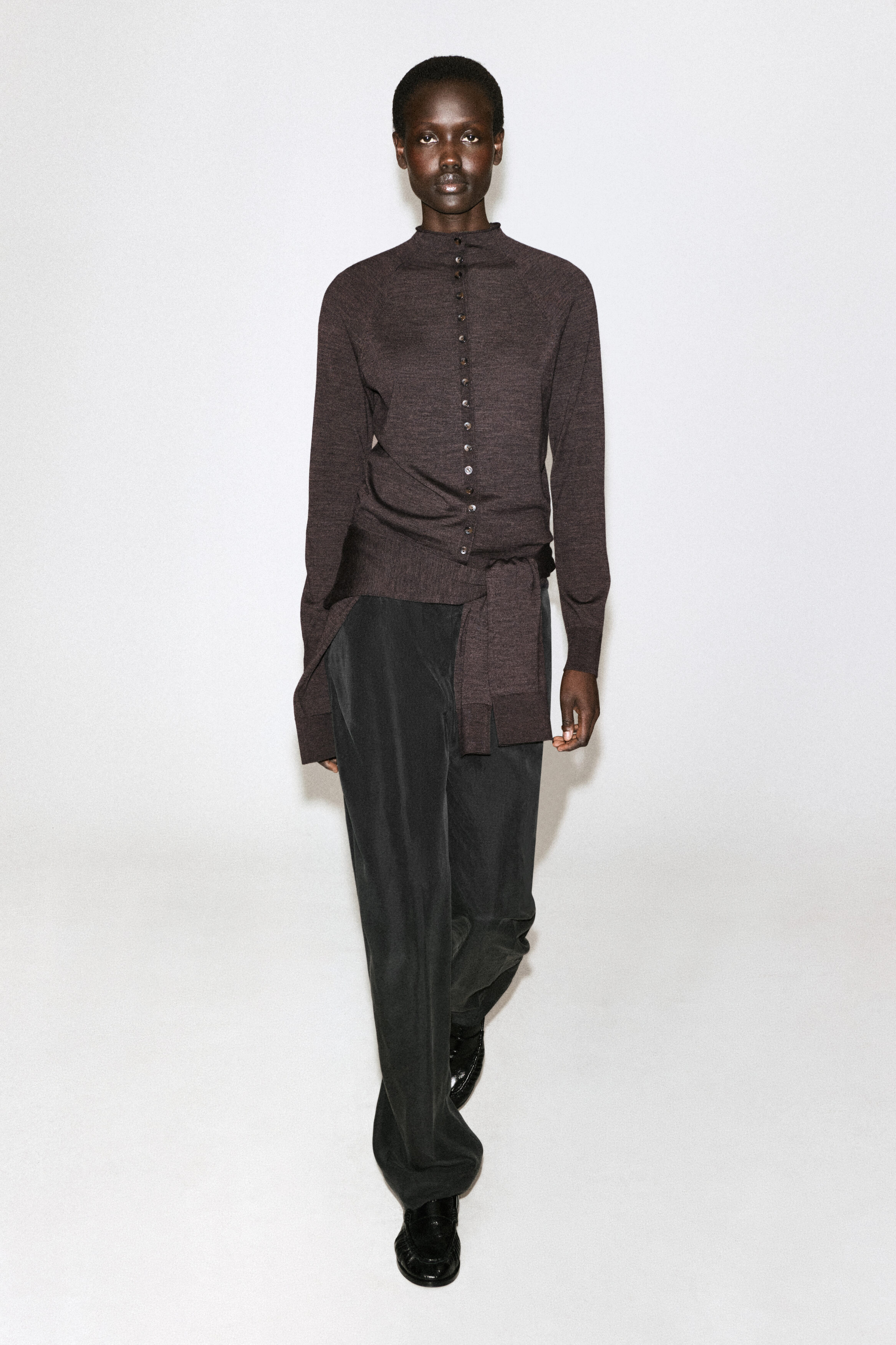 MERINO WOOL MOCK-NECK CARDIGAN - BROWN MÉLANGE