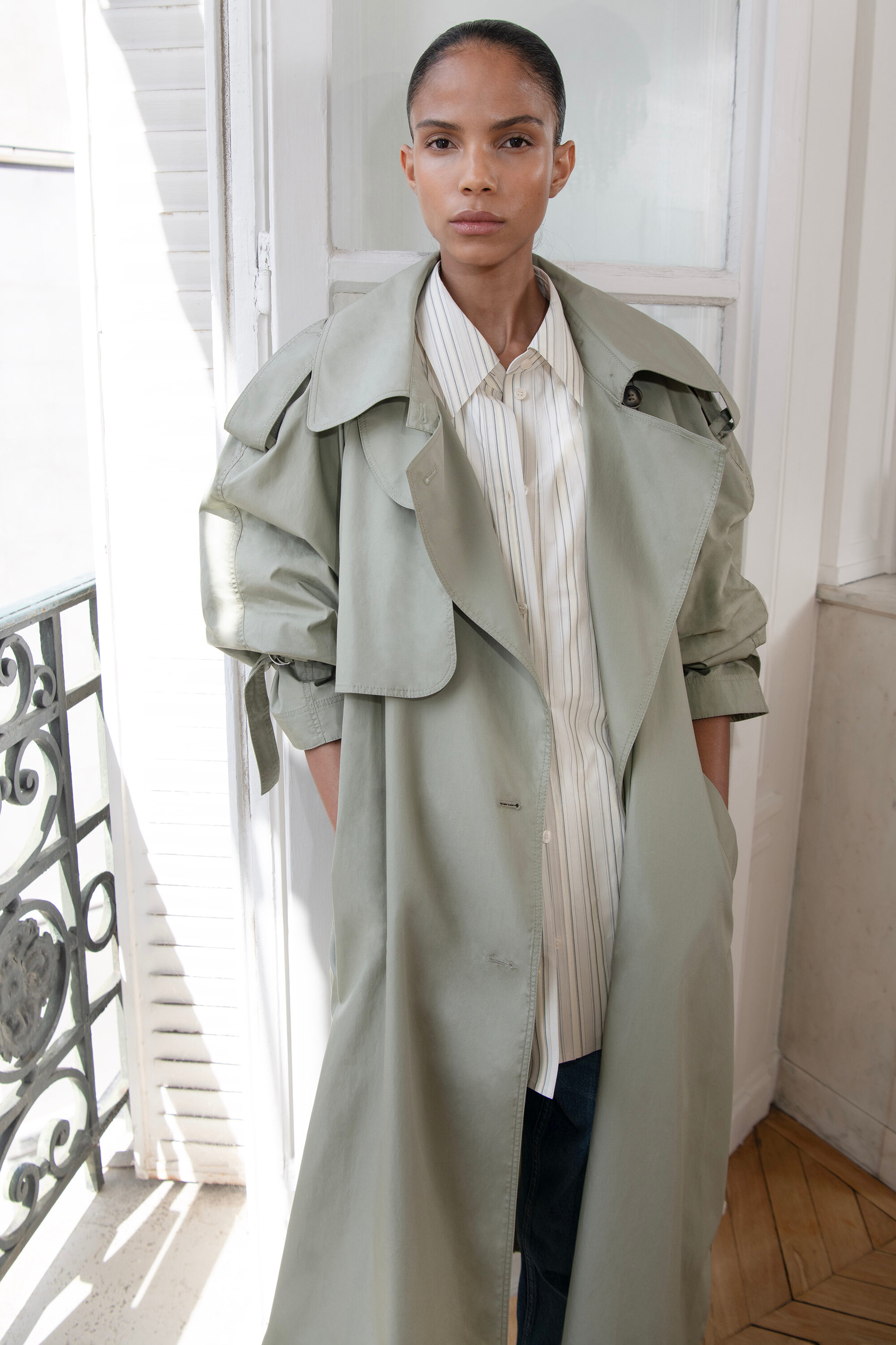 mock-NECK COTTON TRENCH COAT - LIGHT KHAKI