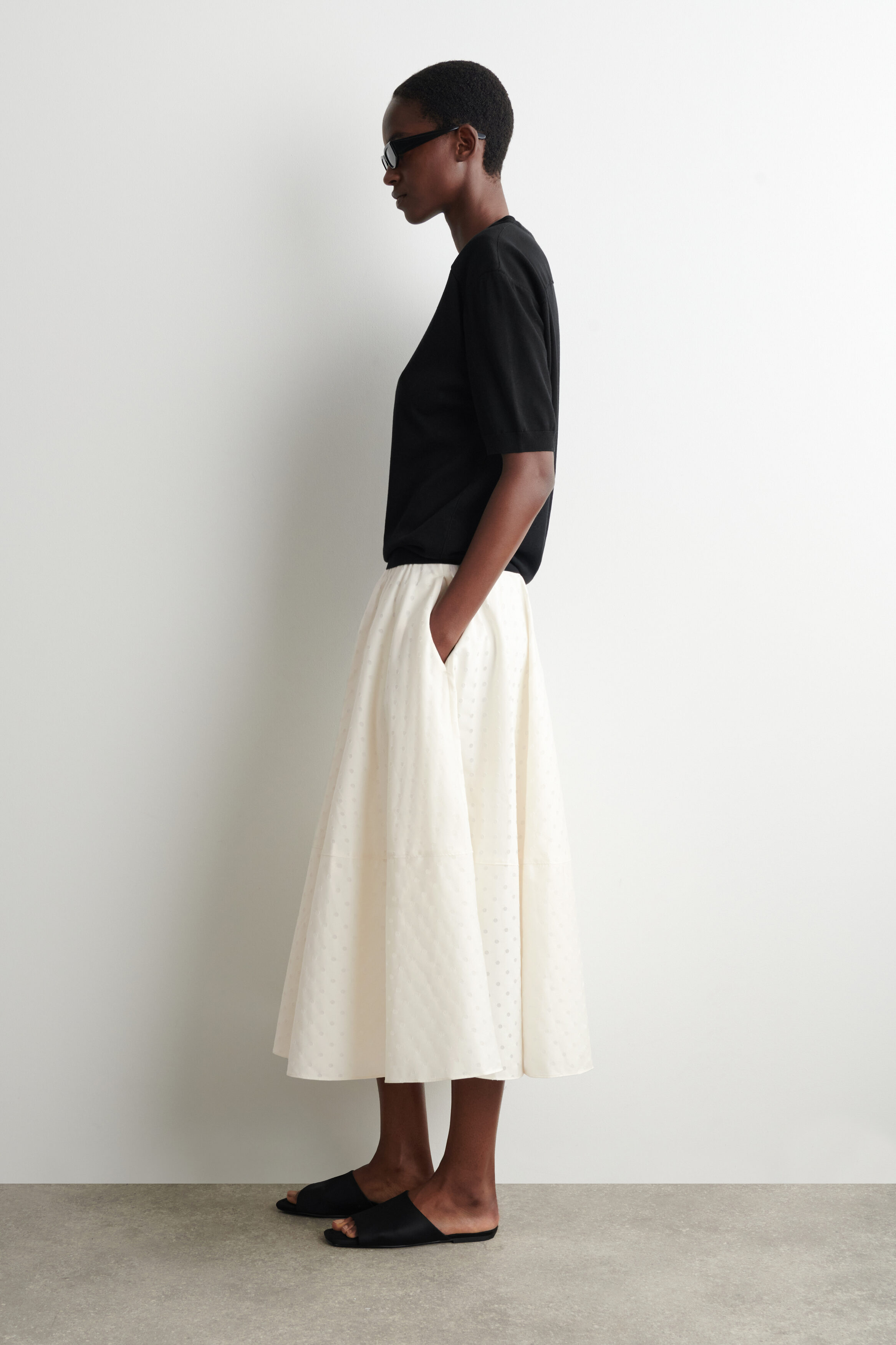 POLKA-DOT JACQUARD COTTON MIDI SKIRT - WHITE / POLKA DOT