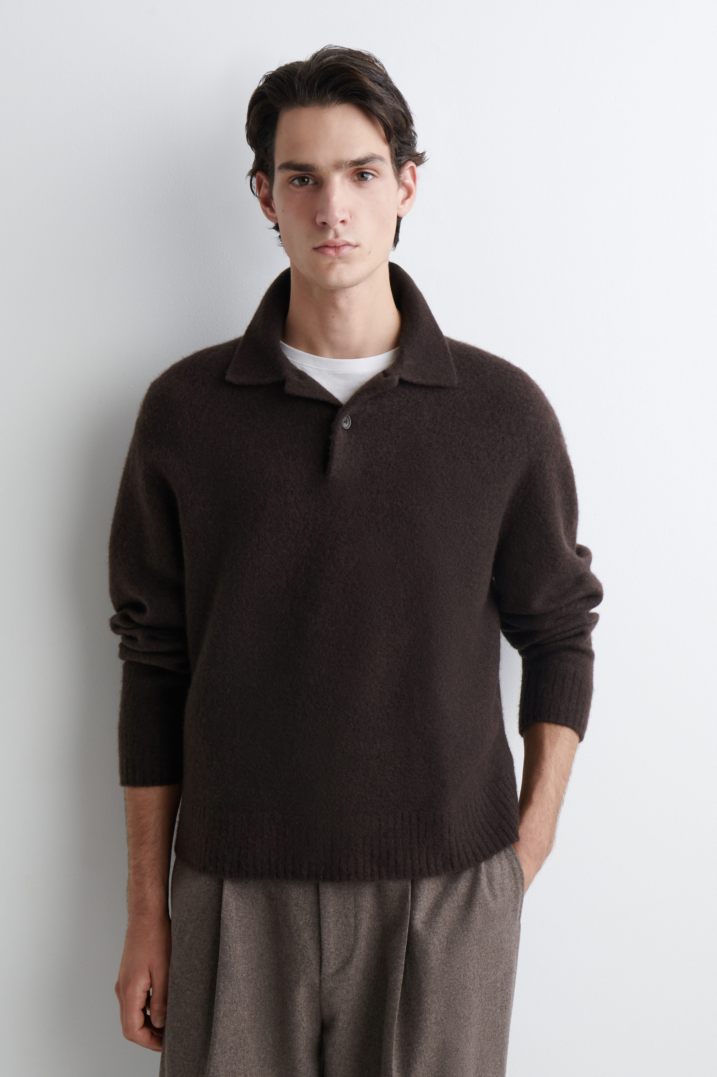 BRUSHED-WOOL POLO SHIRT - DARK BROWN