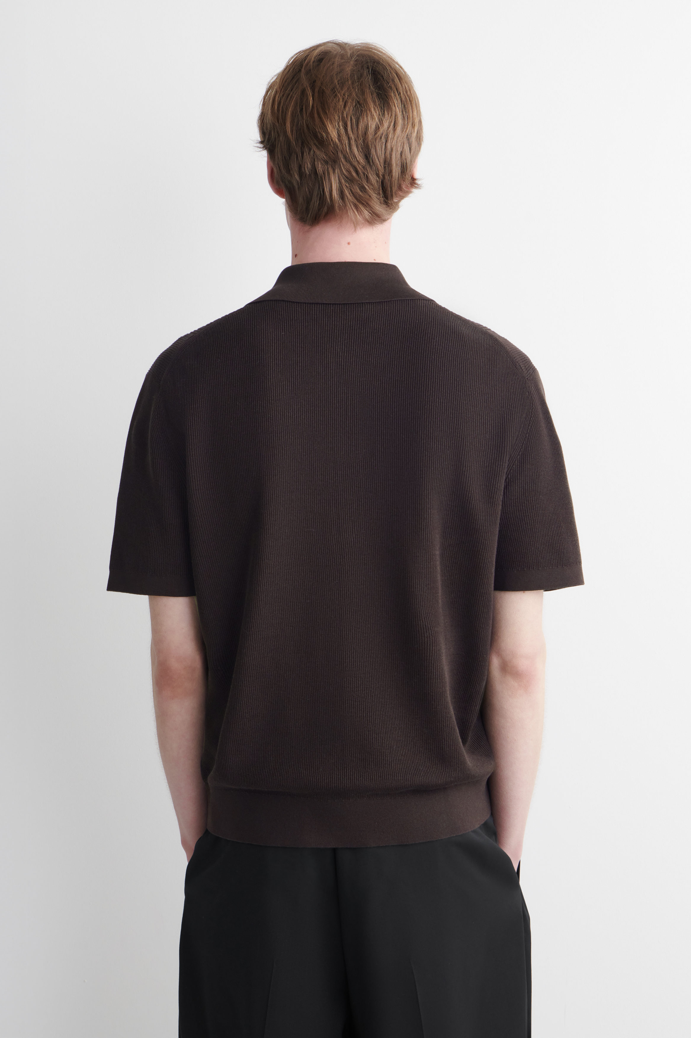 TEXTURED-PANEL COTTON POLO SHIRT - DARK BROWN