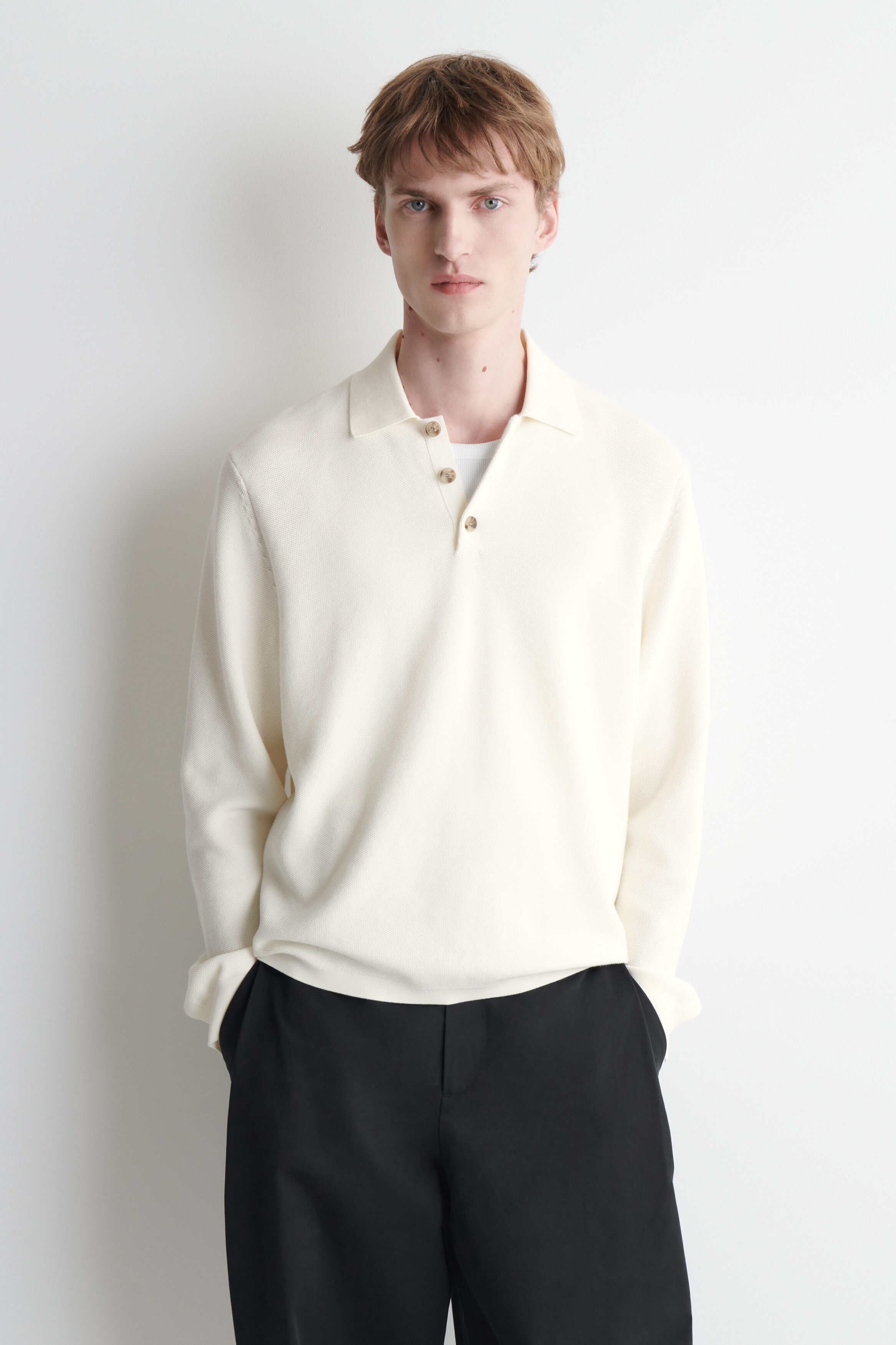 HONEYCOMB-KNIT POLO SHIRT - OFF-WHITE