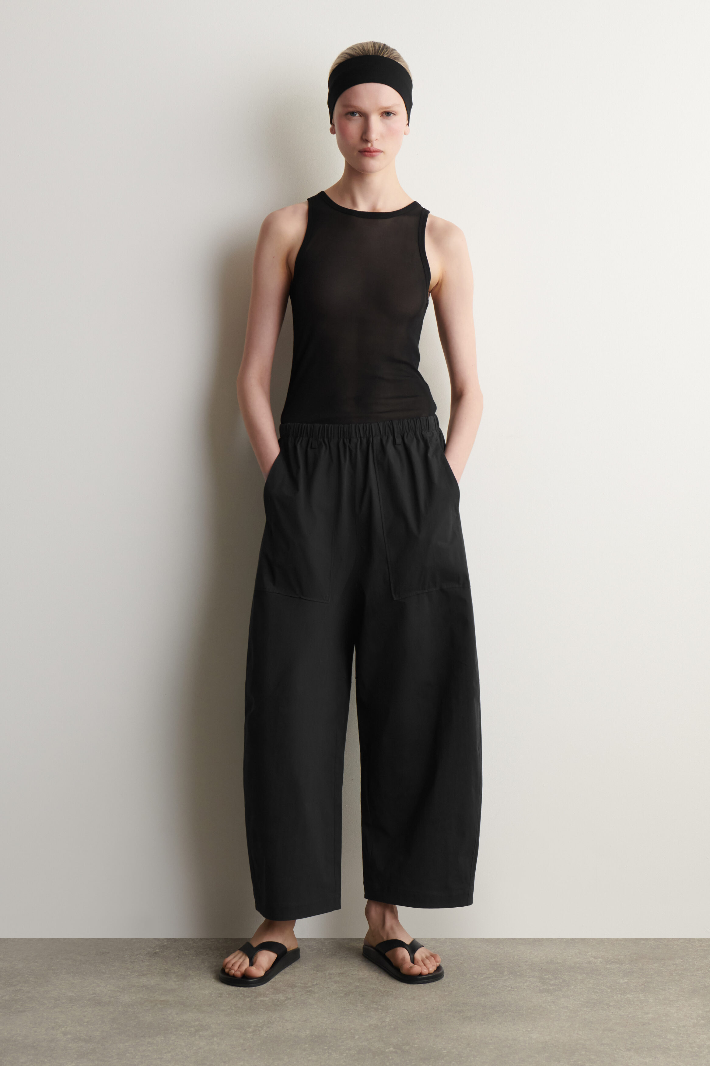 COTTON BARREL-LEG UTILITY PANTS - BLACK