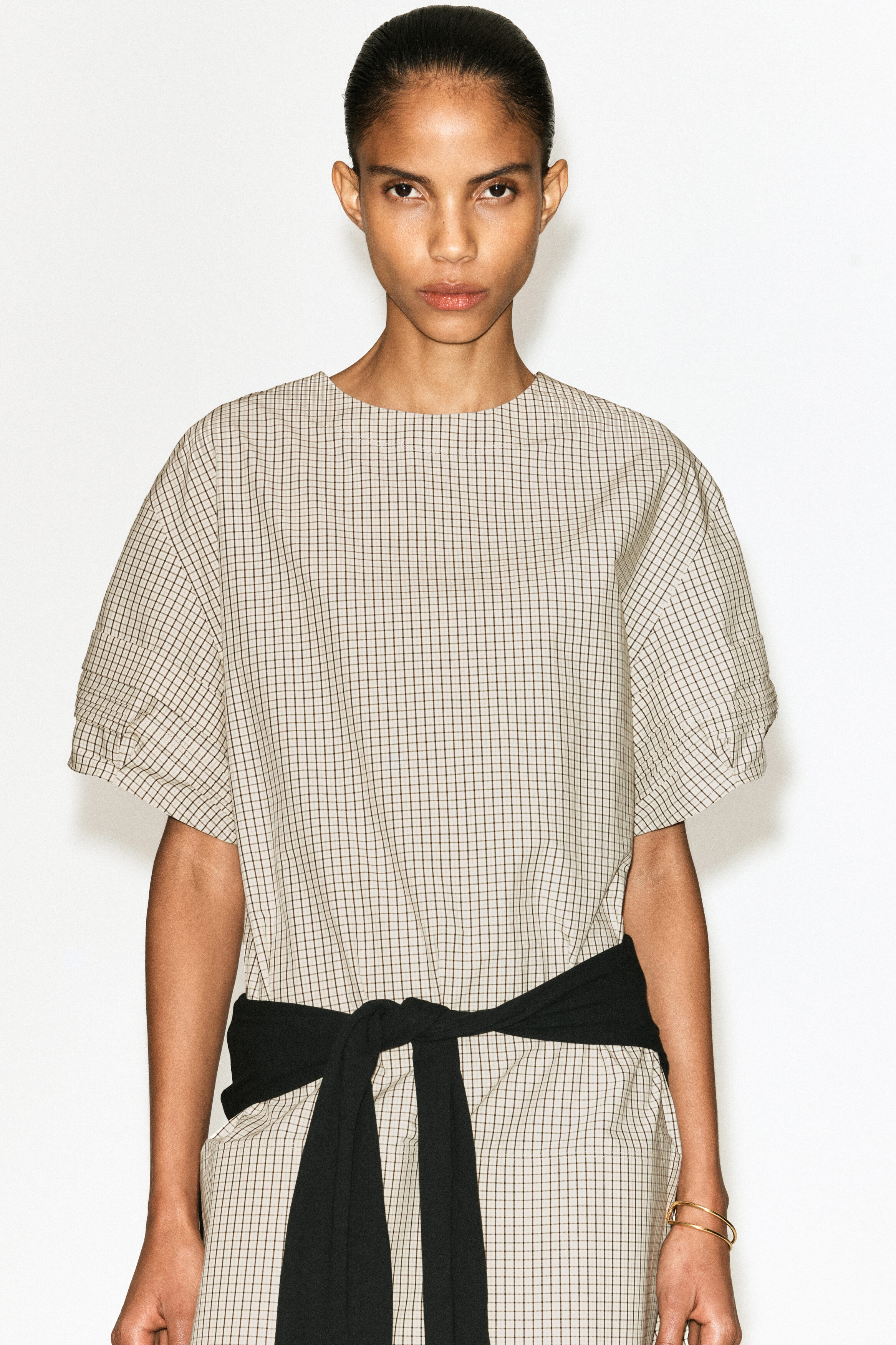 PINTUCKED COTTON MINI DRESS - BEIGE / CHECKED