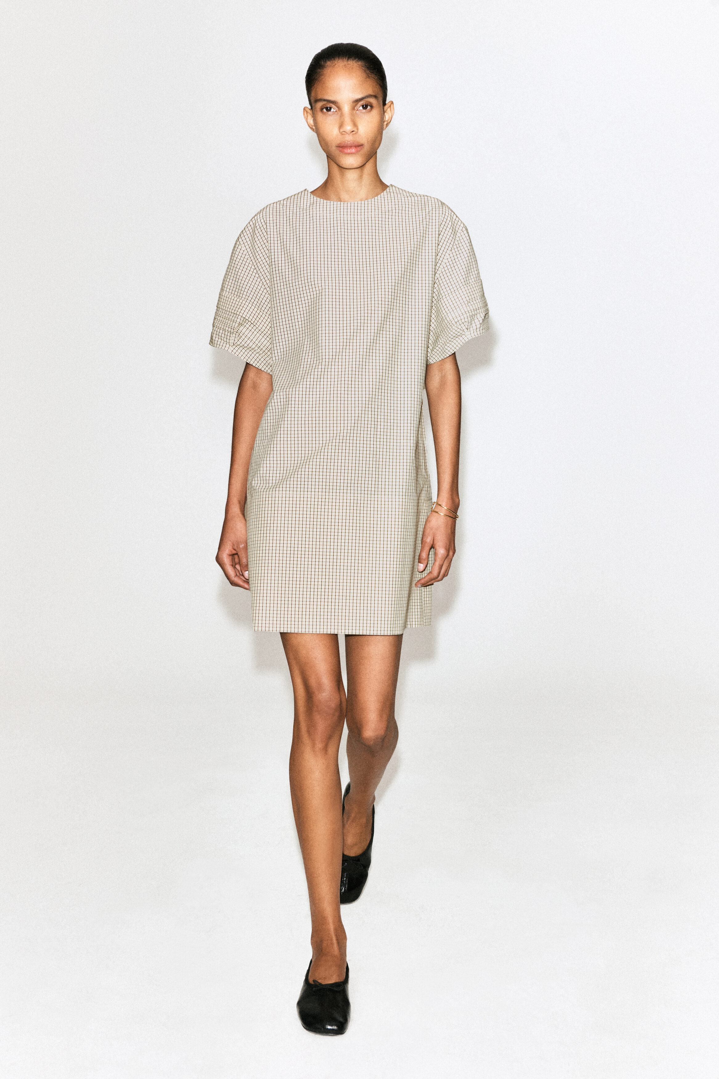 PINTUCKED COTTON MINI DRESS - BEIGE / CHECKED