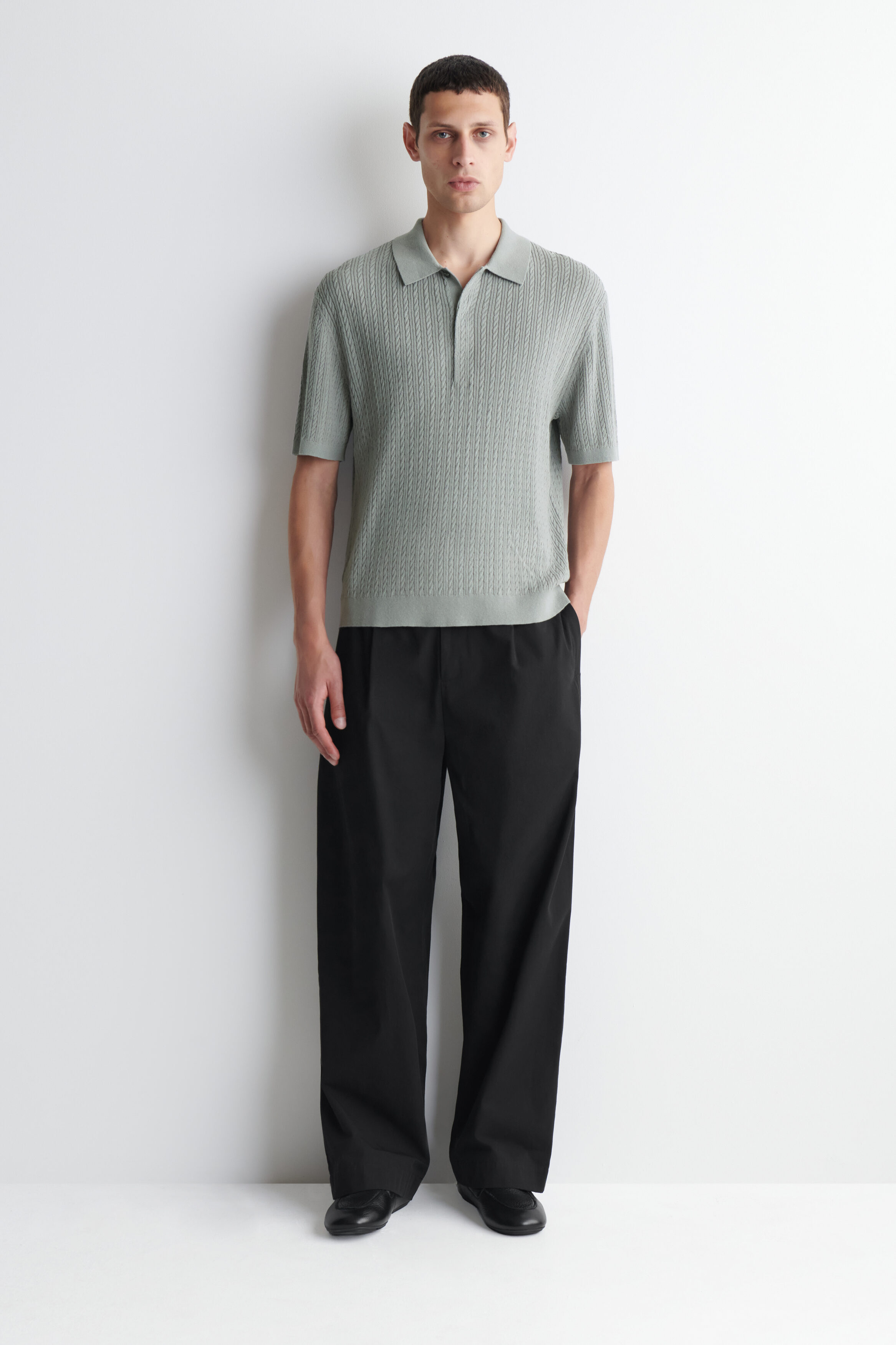CABLE-KNIT COTTON-LINEN POLO SHIRT - GRAY
