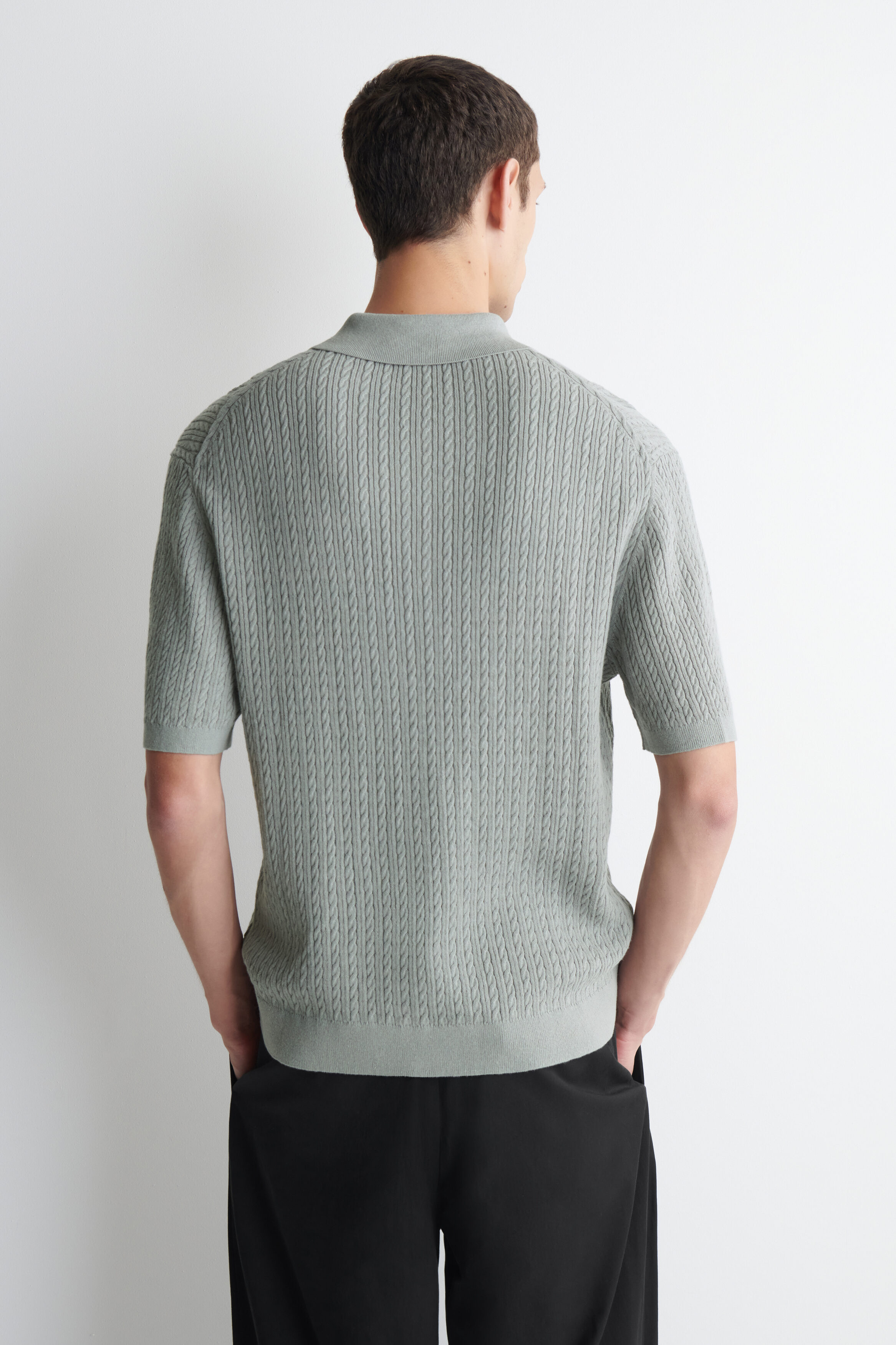 CABLE-KNIT COTTON-LINEN POLO SHIRT - GRAY