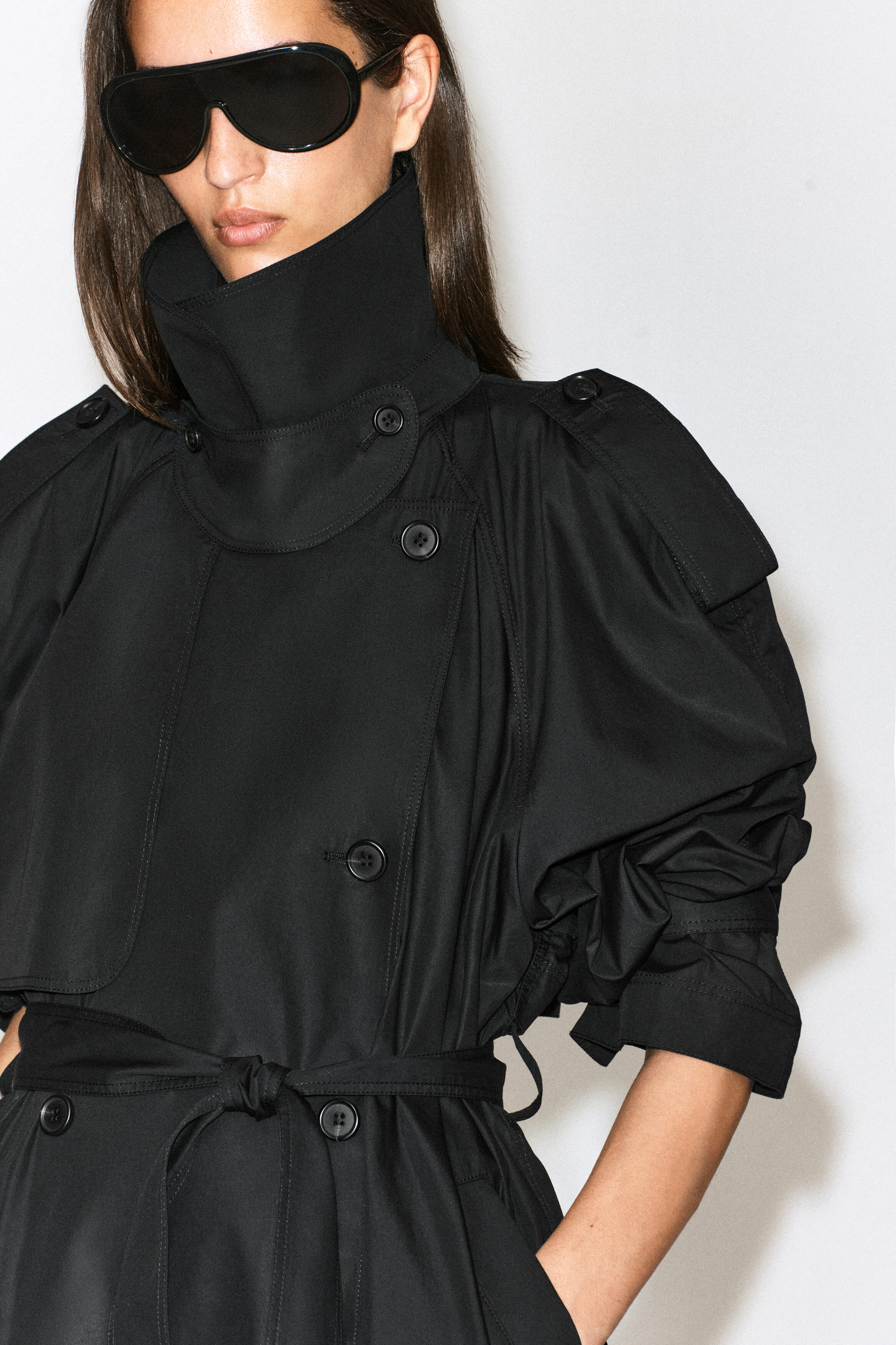 mock-NECK COTTON TRENCH COAT - BLACK