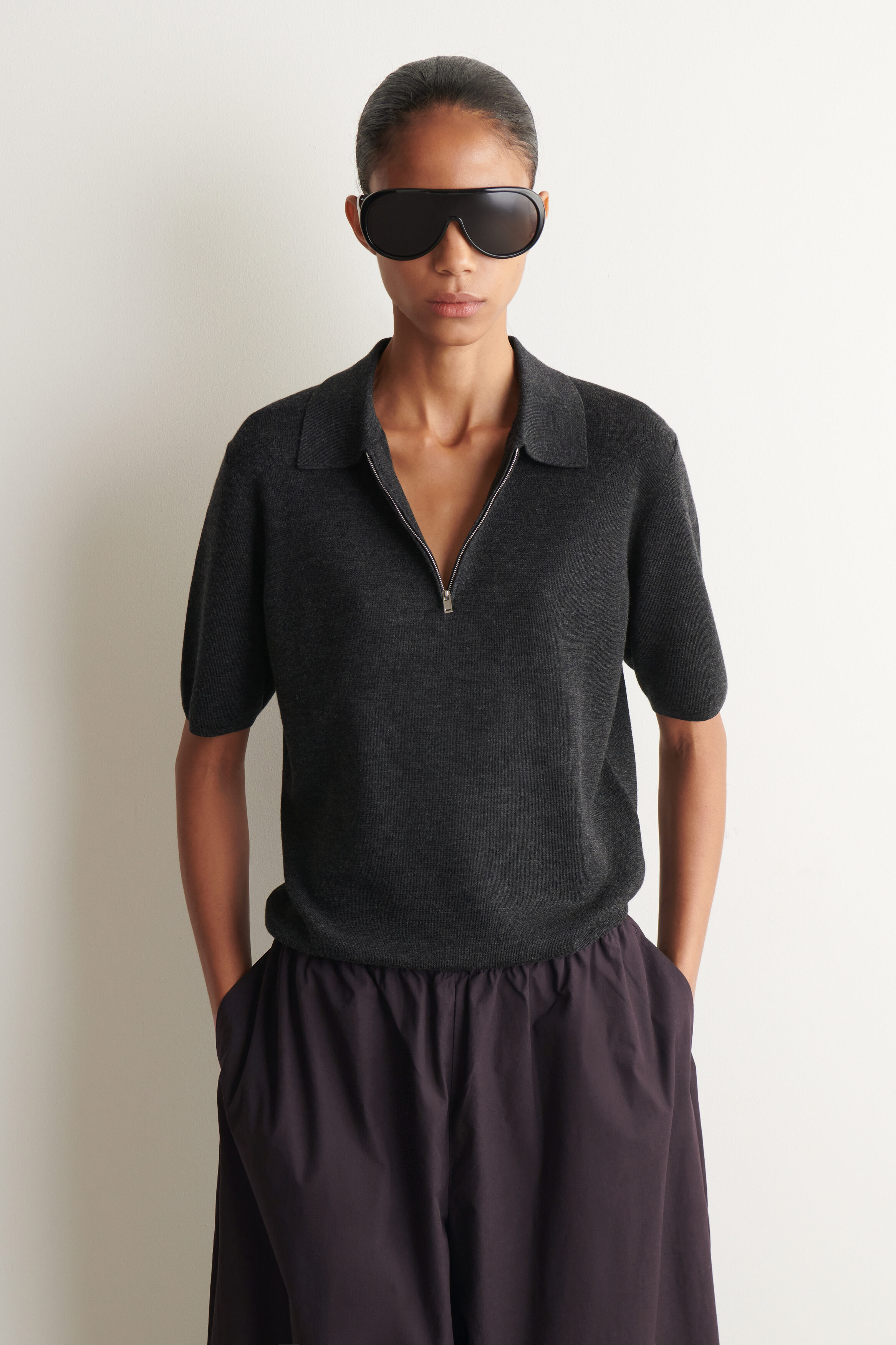 MERINO WOOL ZIP-UP POLO SHIRT - CHARCOAL