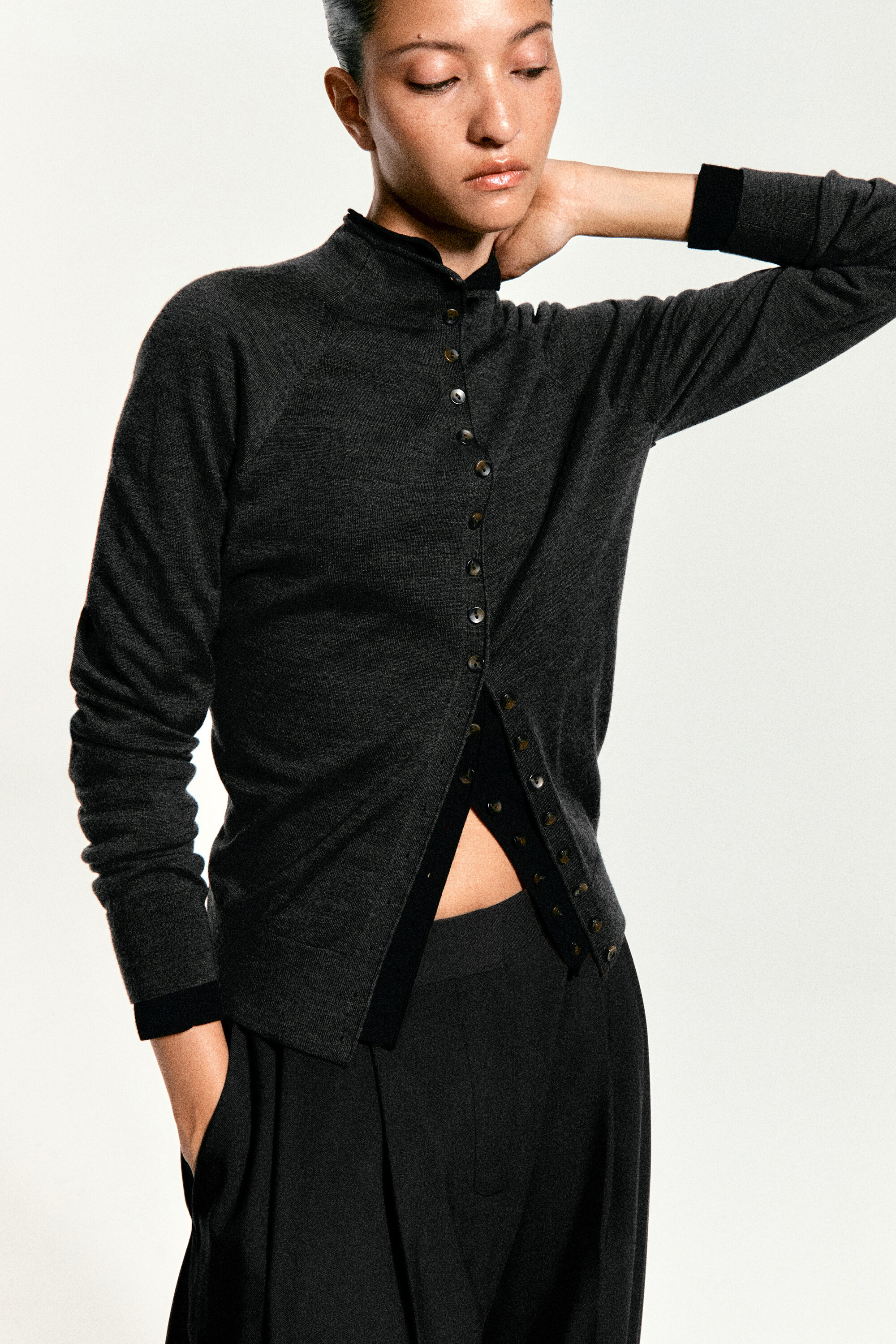 MERINO WOOL MOCK-NECK CARDIGAN - BROWN MÉLANGE