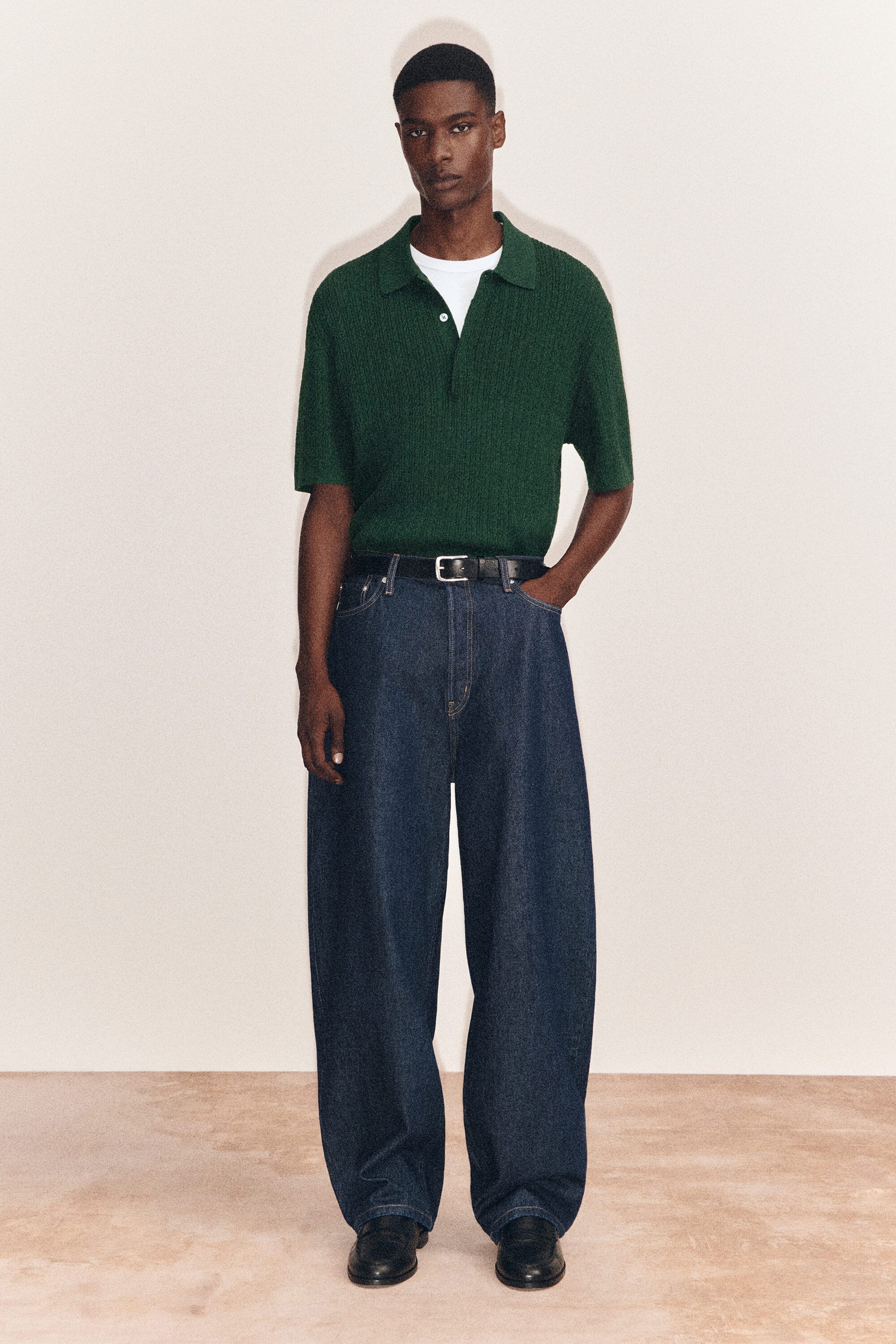 CABLE-KNIT COTTON-LINEN POLO SHIRT - DARK GREEN