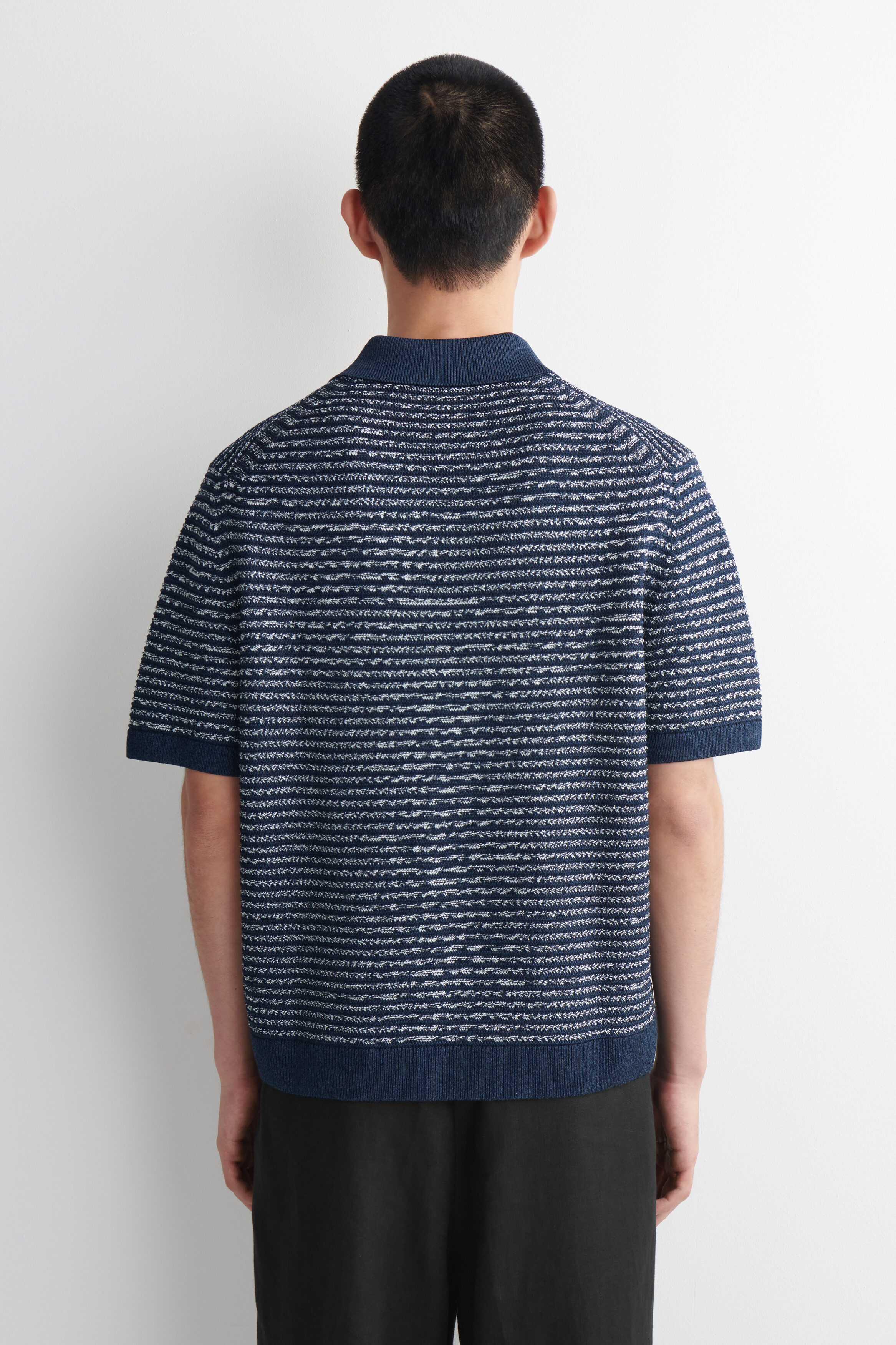 OPEN-KNIT POLO SHIRT - NAVY / WHITE / STRIPED