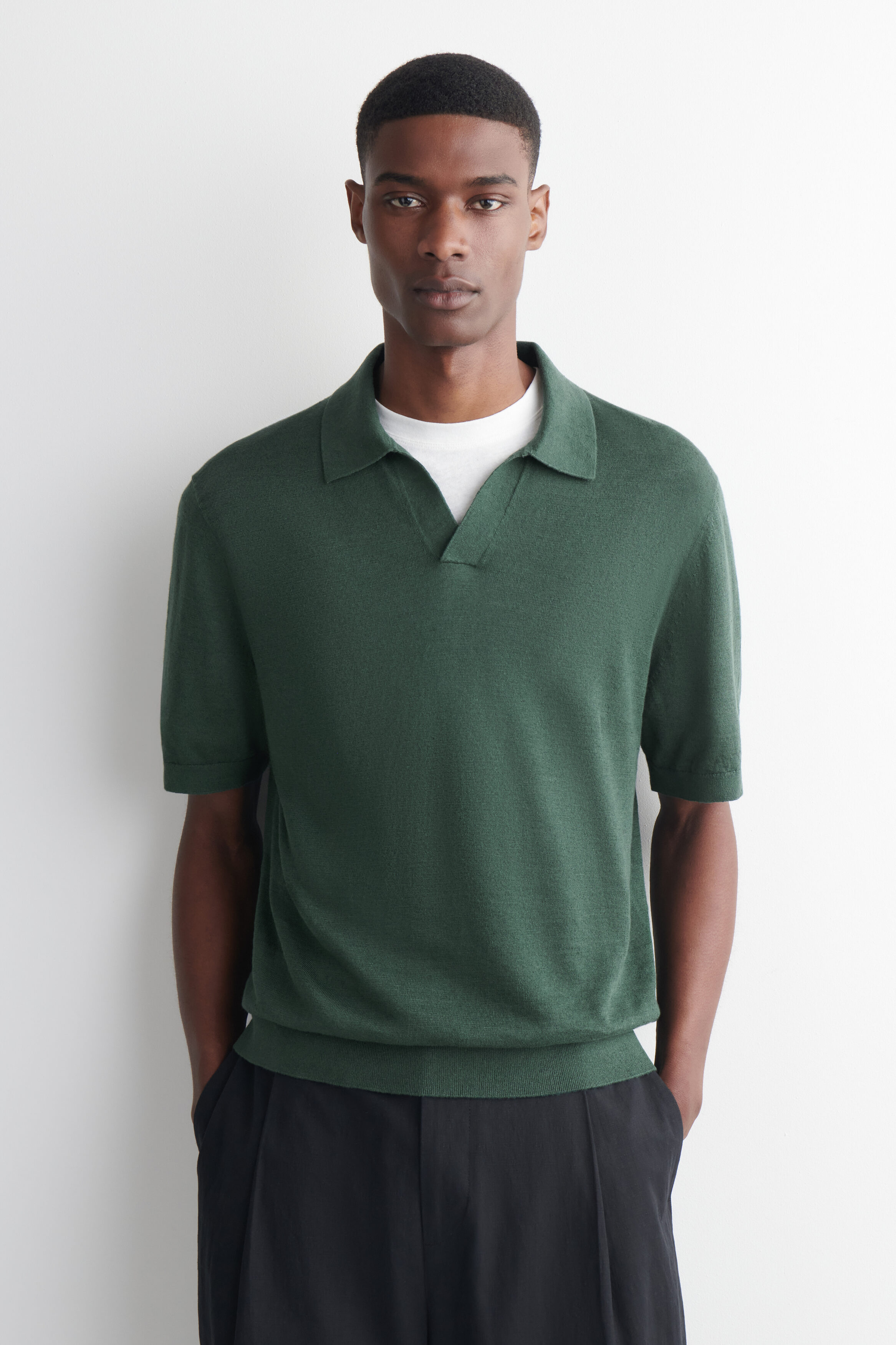 KNITTED LINEN POLO SHIRT - DARK GREEN