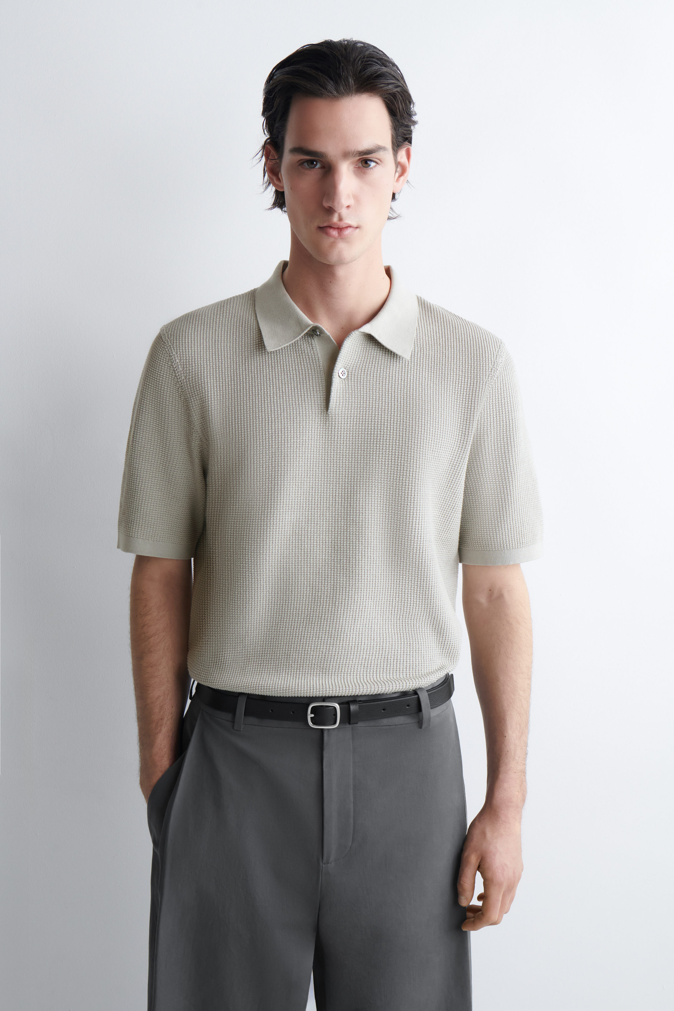 WAFFLE-KNIT COTTON POLO SHIRT - LIGHT GREEN