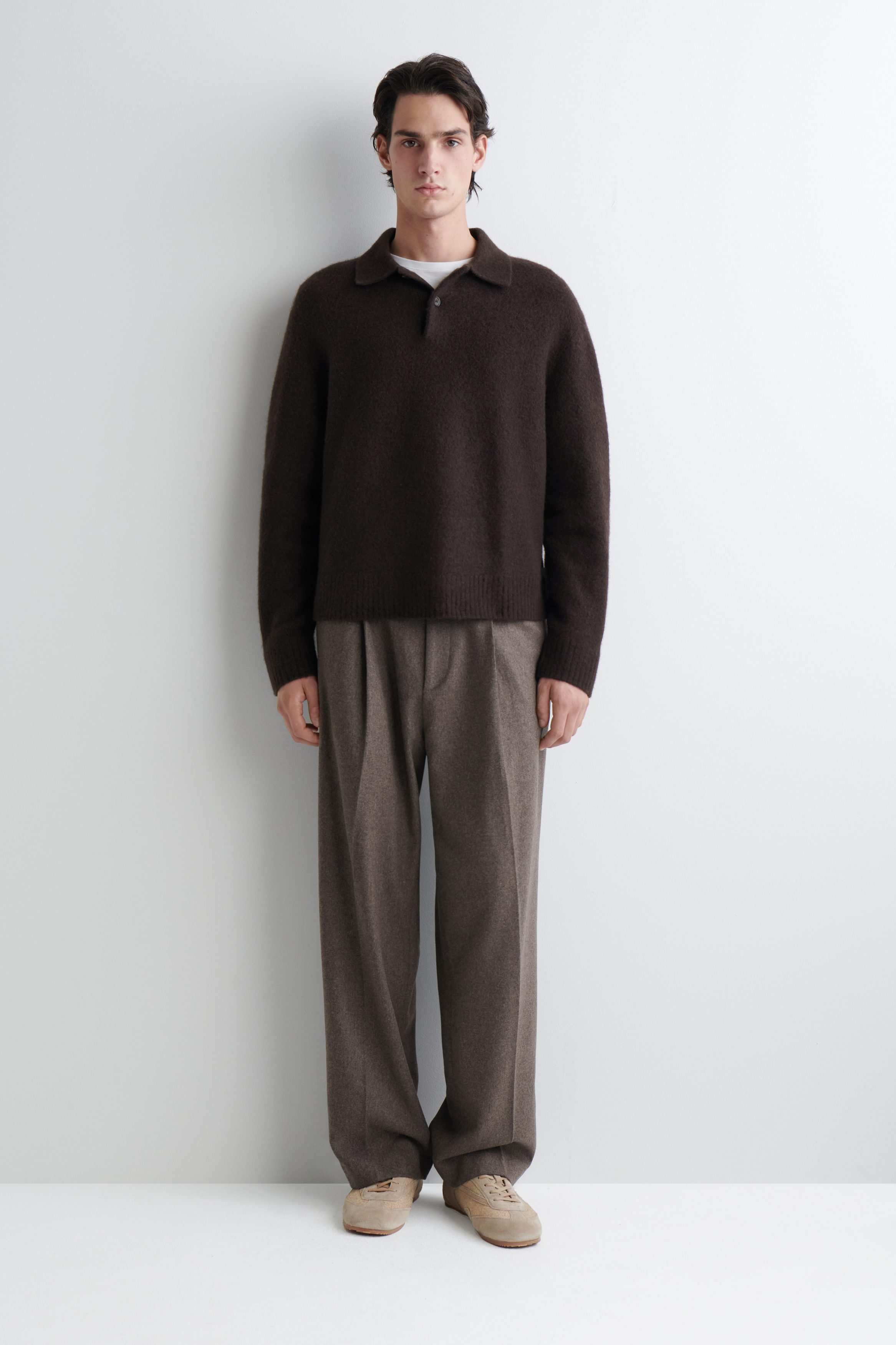 BRUSHED-WOOL POLO SHIRT - DARK BROWN
