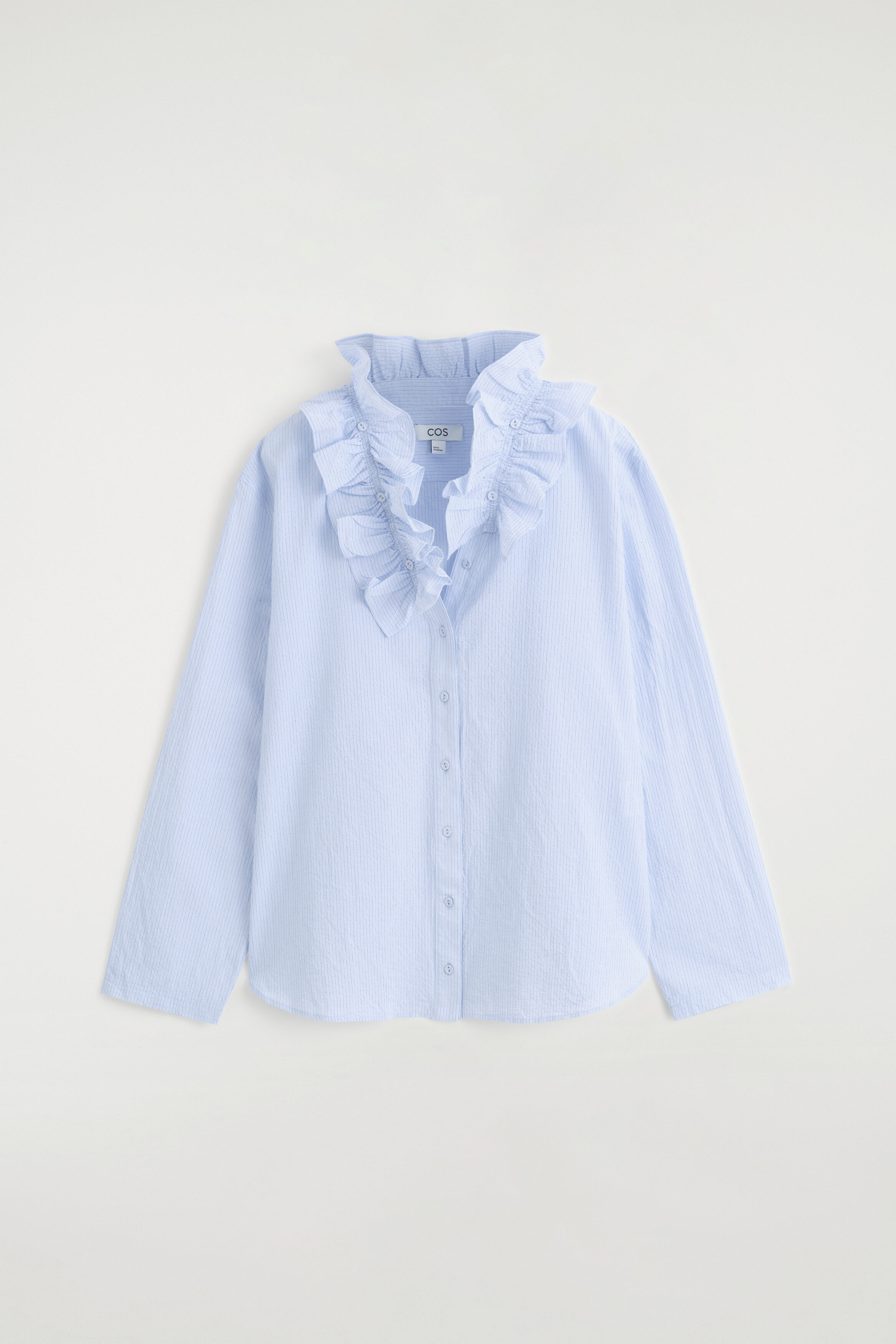 RUFFLE-COLLAR SEERSUCKER BLOUSE - BLUE / STRIPED
