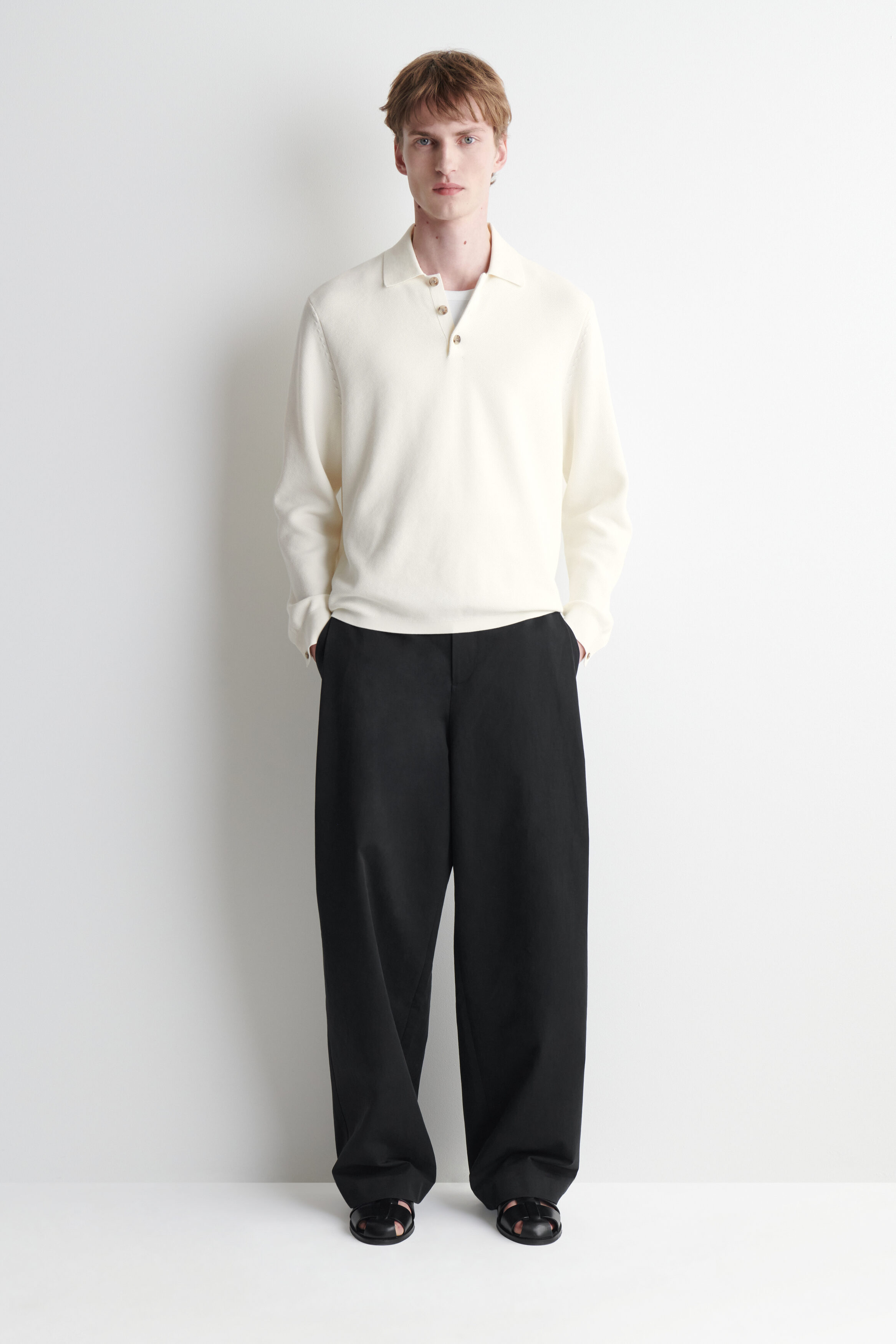 HONEYCOMB-KNIT POLO SHIRT - OFF-WHITE
